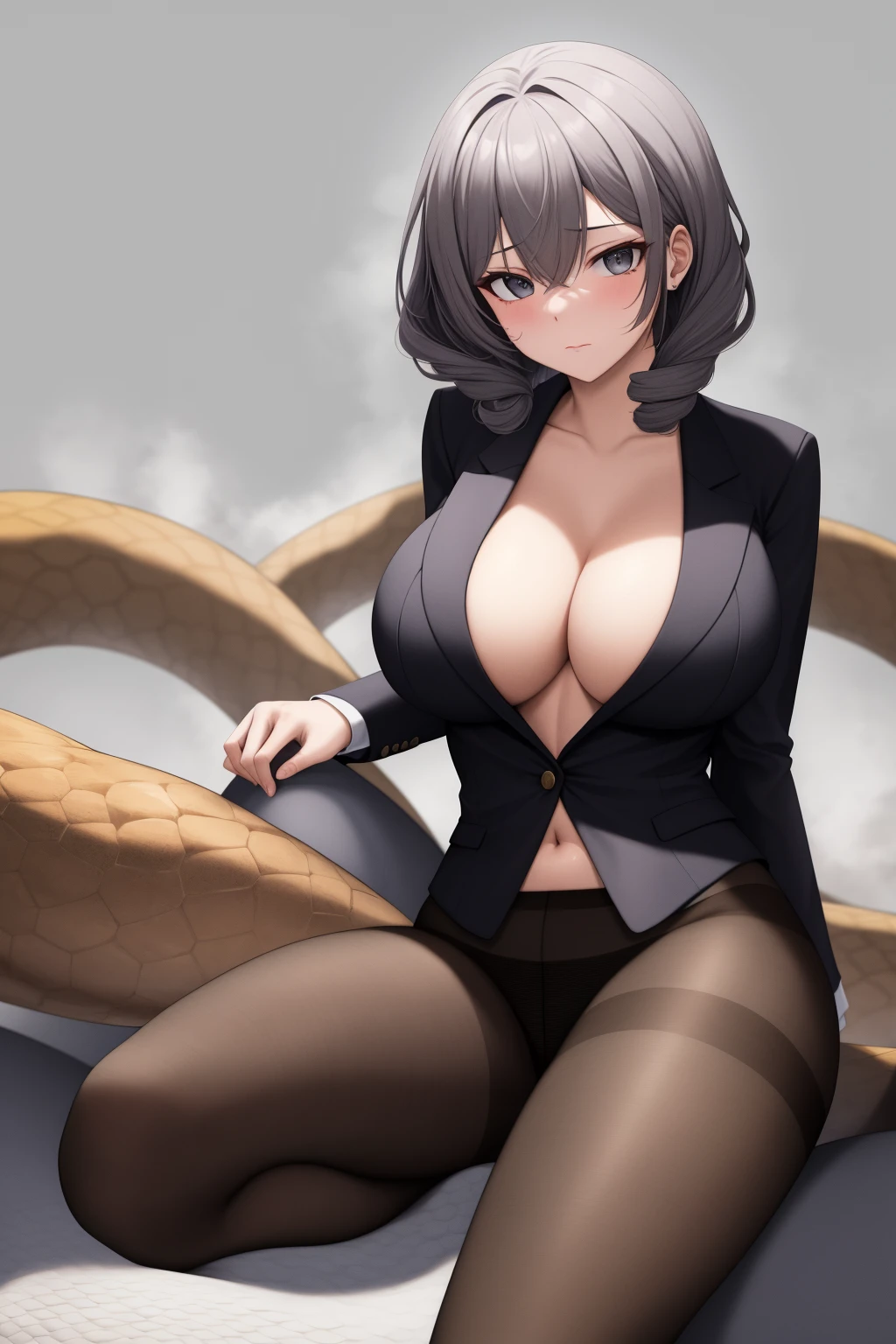 masterpiece，Best quality，highres，cinematic shadow,  medium view，solo，1 milf,  big breast，beautiful face and hair，Black blazer，exposing your navel， pantyhose，Sit on top of a large snake，large snakes coiled，(sexy feeling)，lots of fog，greybackground