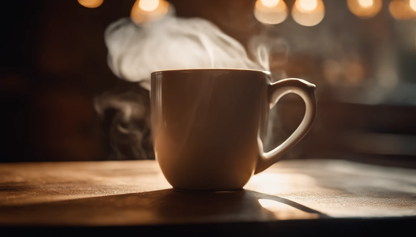 a close-up shot of a blank coffee mug mockup, with steam rising from a freshly brewed cup, evoking a sense of warmth and comfort associated with personalization and customization