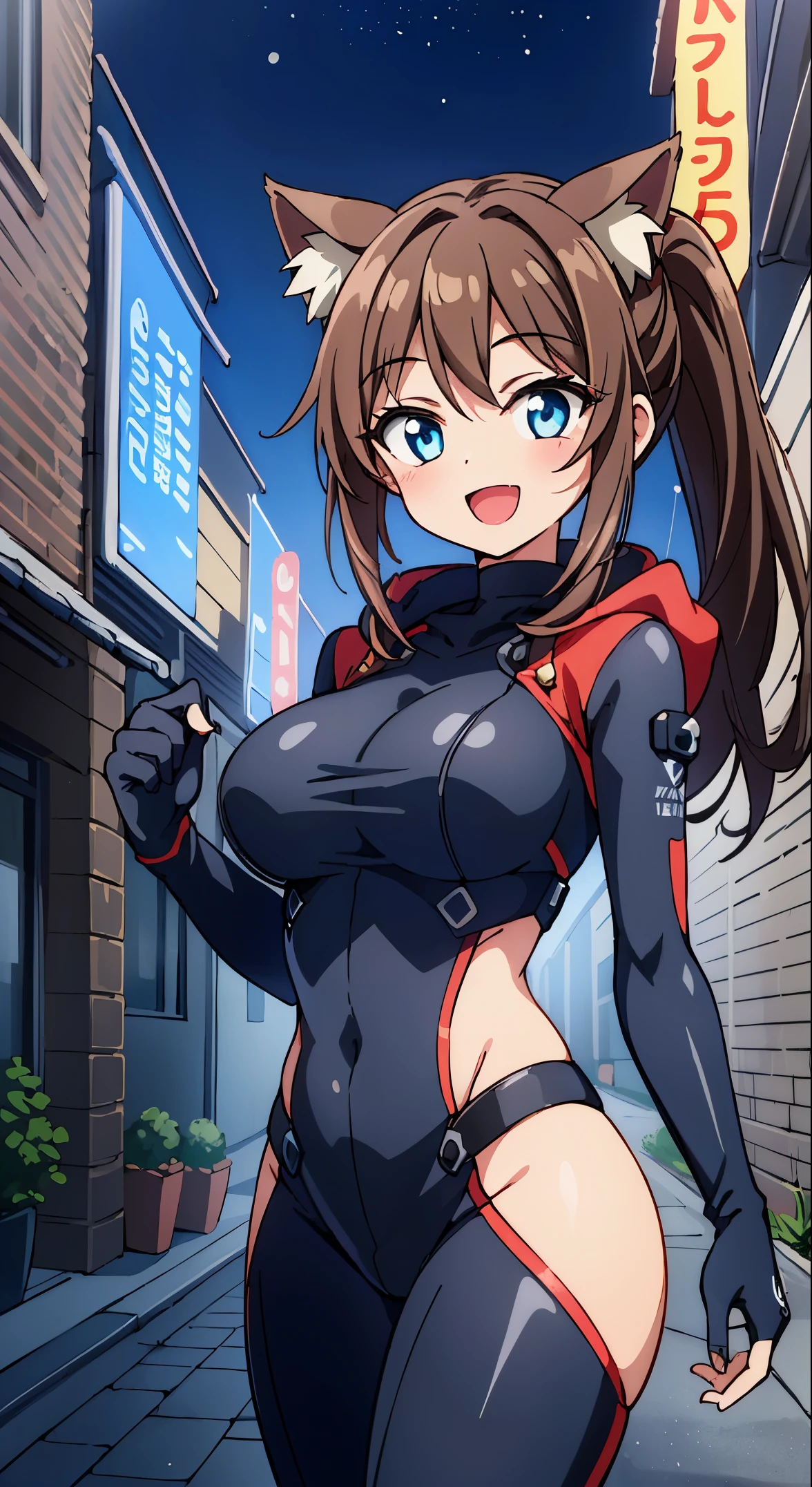 (masterpiece, Transparent air, Transparent eyes,Best Quality, Perfect Anatomy, High quality:1.4), absurderes, absolutely resolution, unbelievable Ridiculous, hight resolution, ultra-detailliert, Official art, Unity 8k壁纸, Kinetic typography,nice hand, Perfect hands, Detailed beautiful hands, Large_filesize, fulcolor, hight resolution, symmetric, exceptional, Best aesthetic, newest, Anime, very beautiful detailed body,The hair,faces,The eye,
BREAK,
1 beautiful girl, ( girl), Very detailed, colourfull, highest details, BREAK, (Huge breasts: 1. 2), Clear skin, Beautiful skin, Shy skin, 1 beautiful girl, (Brown hair:1.75), (Cat ears, Ponytail, medium-Long hair: 1. 2), (Light blue eyes, long eyelashes, Double eyelids: 1. 2),Solo,gleaming skin, Clear skin, Beautiful skin,(best quality face),(Top quality glowing eyes),(The best smile,:D:1.45),
BREAK,Urban Tech Ninja Vibe,
Carbon fiber-textured jumpsuit with LED-lined sections,
Knee-length tech boots with LED accents,
Tech ninja hood, augmented reality gloves,
BREAK,(morning), The girl is breakdancing on the city street,(The city at night is wrapped in beautiful flowers of light. This light illuminates the buildings and streets of the city, dispelling the darkness. The flowers of light brighten people’s hearts and bring hope and joy. This scene is a symbol of beauty and hope, a moving moment.)depth of fields,
BREAK,wakame,wakame,wakame,(Cowboy Shot:1.4),
BREAK,(Blurry background:1.3),(absurderes, hight resolution, Super Detail Art),cel shading,Clear Color, Lonely optical effect, Beautiful pictures, Bright glow, mystic atmosphere,(Close-up of girl:1.1), Mystical light particle effect,manga influence, clean line drawings,BREAK,(morning), ,(The city at night is wrapped in beautiful flowers of light. This light illuminates the buildings and streets of the city, dispelling the darkness. The flowers of light brighten people’s hearts and bring hope and joy.