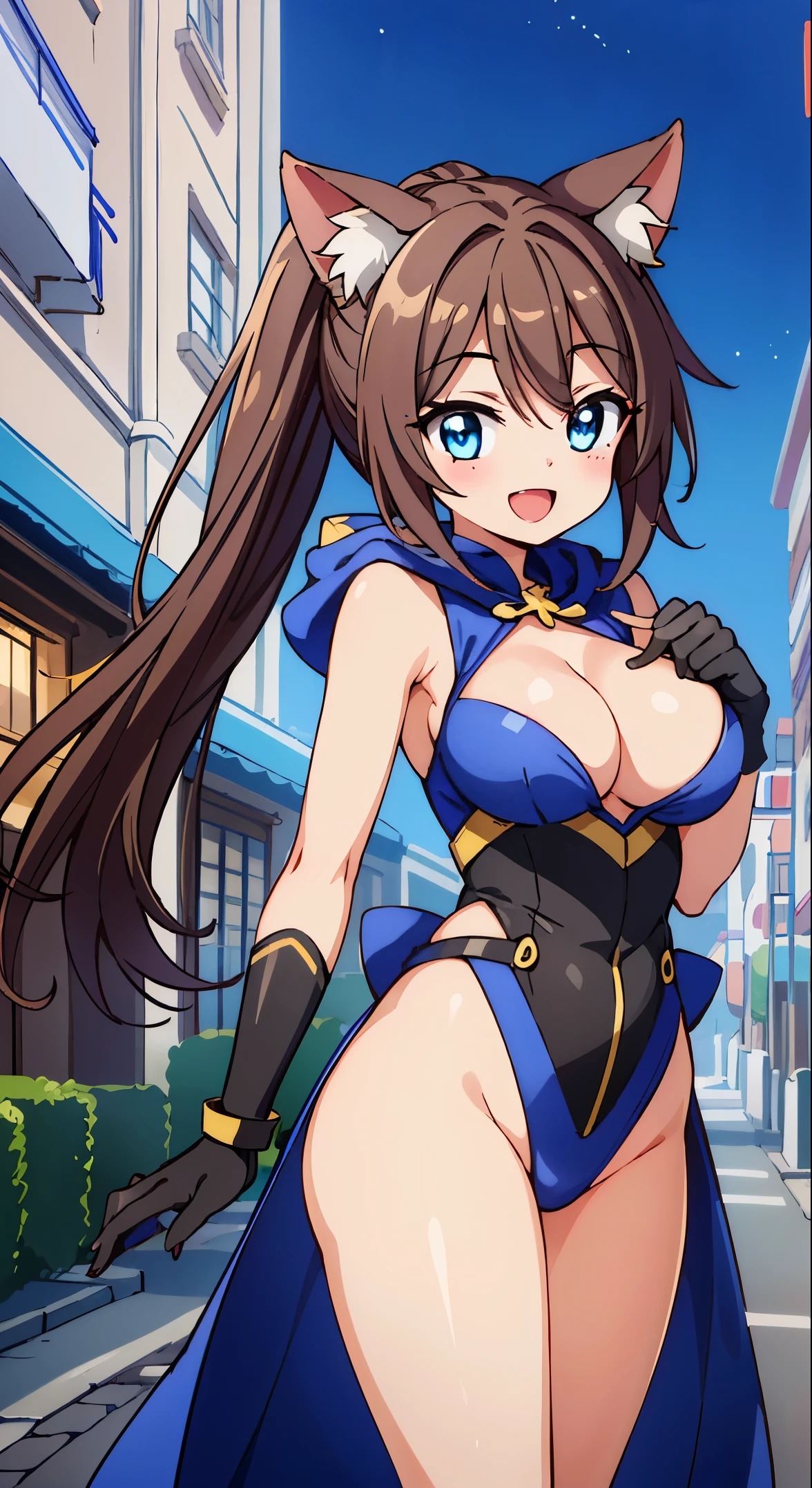 (masterpiece, Transparent air, Transparent eyes,Best Quality, Perfect Anatomy, High quality:1.4), absurderes, absolutely resolution, unbelievable Ridiculous, hight resolution, ultra-detailliert, Official art, Unity 8k壁纸, Kinetic typography,nice hand, Perfect hands, Detailed beautiful hands, Large_filesize, fulcolor, hight resolution, symmetric, exceptional, Best aesthetic, newest, Anime, very beautiful detailed body,The hair,faces,The eye,
BREAK,
1 beautiful girl, ( girl), Very detailed, colourfull, highest details, BREAK, (Huge breasts: 1. 2), Clear skin, Beautiful skin, Shy skin, 1 beautiful girl, (Brown hair:1.75), (Cat ears, Ponytail, medium-Long hair: 1. 2), (Light blue eyes, long eyelashes, Double eyelids: 1. 2),Solo,gleaming skin, Clear skin, Beautiful skin,(best quality face),(Top quality glowing eyes),(The best smile,:D:1.45),
BREAK,Urban Tech Ninja Vibe,
Carbon fiber-textured jumpsuit with LED-lined sections,
Knee-length tech boots with LED accents,
Tech ninja hood, augmented reality gloves,
BREAK,(morning), The girl is breakdancing on the city street,(The city at night is wrapped in beautiful flowers of light. This light illuminates the buildings and streets of the city, dispelling the darkness. The flowers of light brighten people’s hearts and bring hope and joy. This scene is a symbol of beauty and hope, a moving moment.)depth of fields,
BREAK,wakame,wakame,wakame,(Cowboy Shot:1.4),
BREAK,(Blurry background:1.3),(absurderes, hight resolution, Super Detail Art),cel shading,Clear Color, Lonely optical effect, Beautiful pictures, Bright glow, mystic atmosphere,(Close-up of girl:1.1), Mystical light particle effect,manga influence, clean line drawings,BREAK,(morning), ,(The city at night is wrapped in beautiful flowers of light. This light illuminates the buildings and streets of the city, dispelling the darkness. The flowers of light brighten people’s hearts and bring hope and joy.