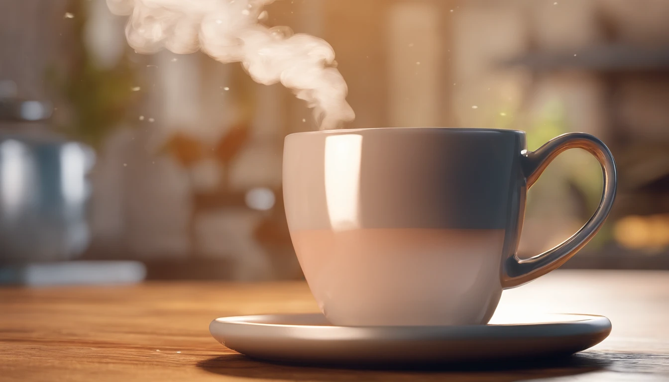 a close-up shot of a blank coffee mug mockup, with steam rising from a freshly brewed cup, evoking a sense of warmth and comfort associated with personalization and customization