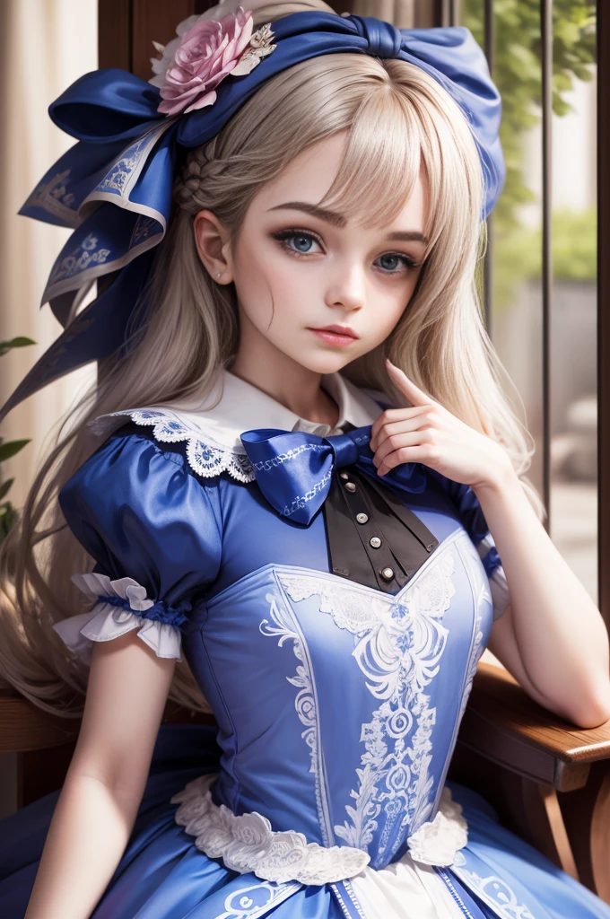 1 girl, tmasterpiece, Best quality at best, 8K, Detailed skin texture, Fine cloth texture, beautiful  detailed face, Complicated details, ultra - detailed, Alice in Wonderland, (There is a bow on her head:1.1), The upper part of the body