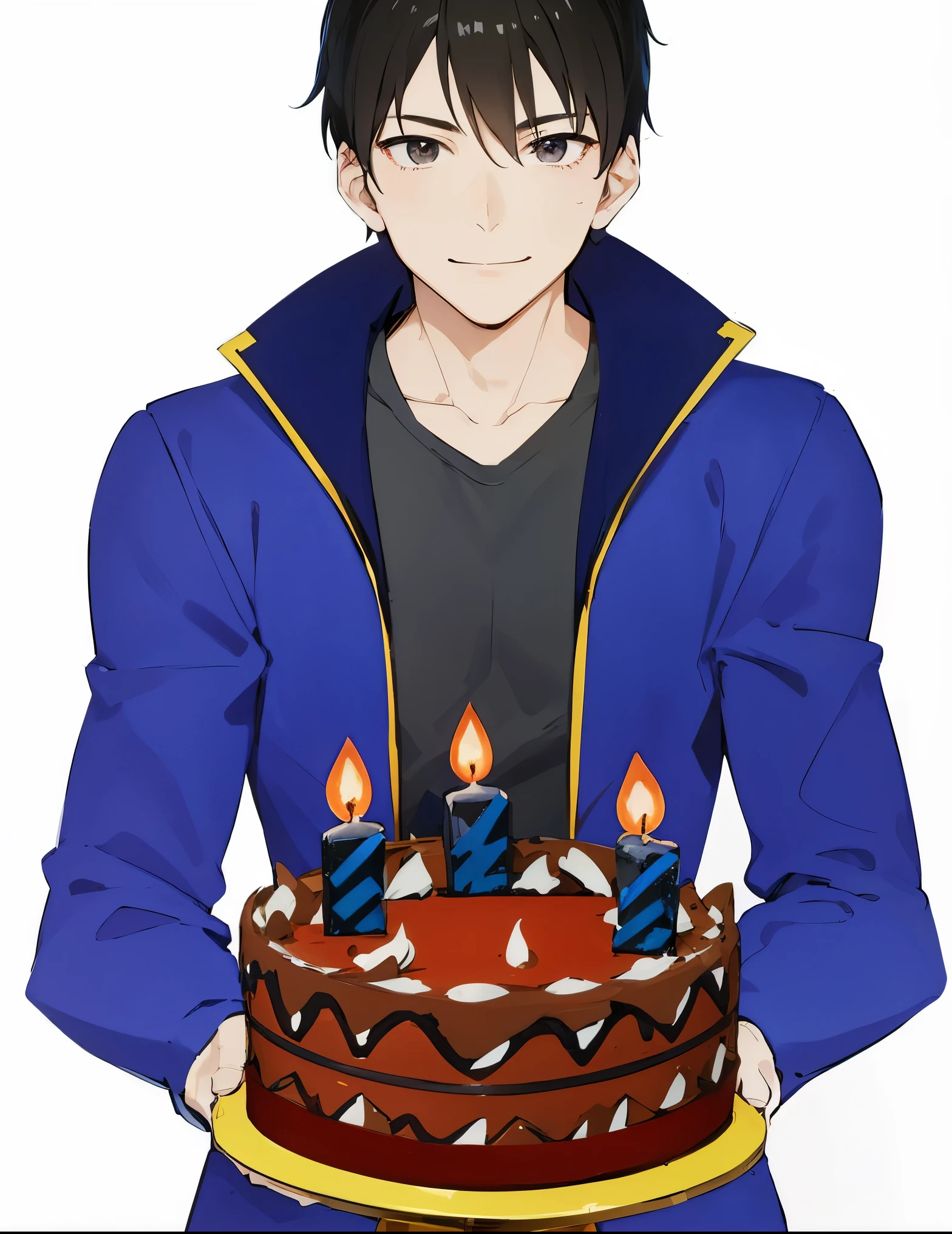 Anime black hair and black eyes man smiling and wear blue jacket woth black shirt holding birthday cake