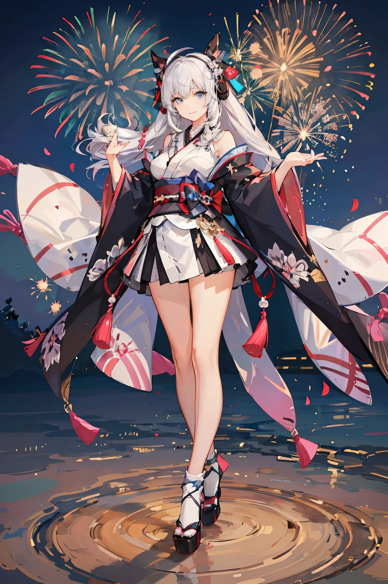 "anime girl, 1 person, silver white hair mixed with black, blue eyes, wearing headphones, women's kimono, same kimono, big breasts, holding cotton candy, long socks, standing cross-legged, shy smile, festival, New Year's Eve fireworks, watch fireworks, solo(full HD Image 4K+)"