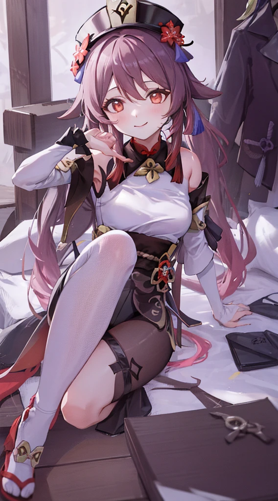 1girl, hu tao (genshin impact),brown hair, twintails, smile, long hair, looking at viewer, bare shoulders, red eyes, breasts,