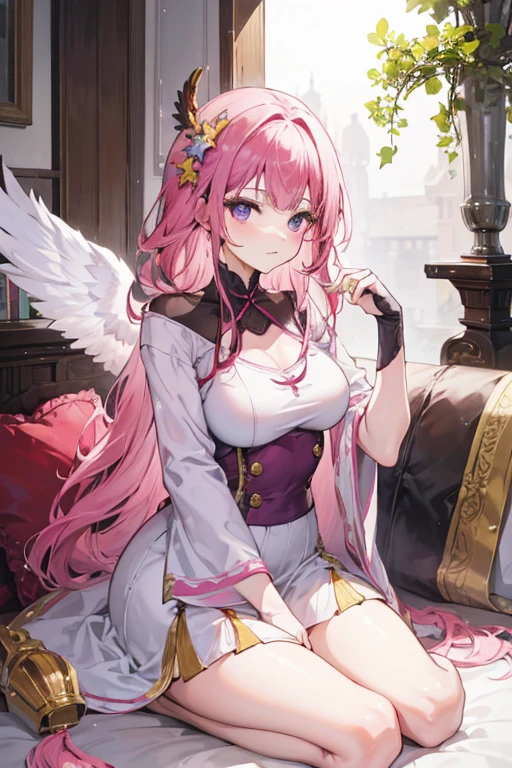 A pink haired woman with violet eyes is laying by a fireplace with a golden haired female angel with hazel eyes in white armor and white wings.