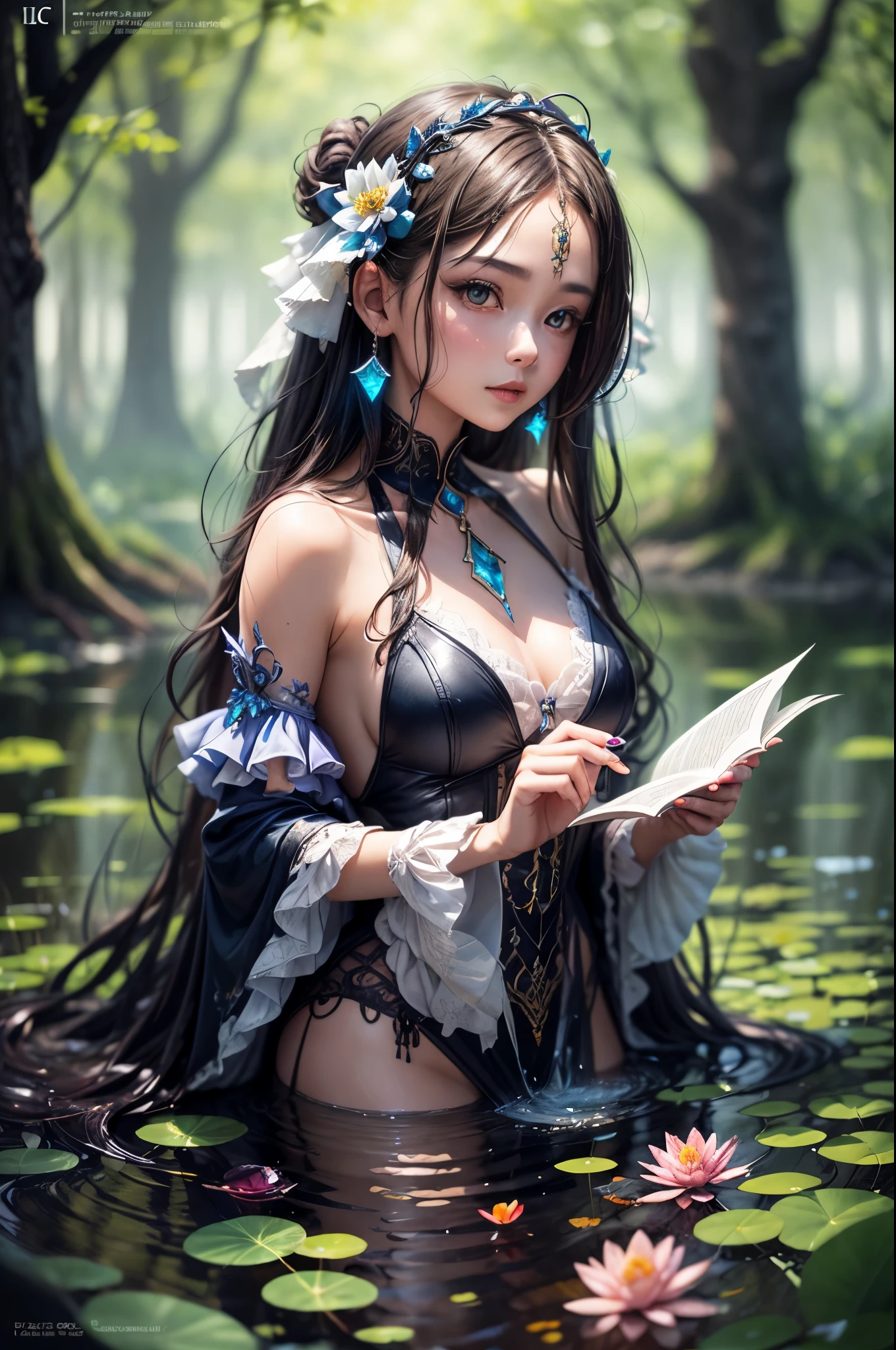 A captivating anime girl gracefully emerges from the pages of a Pond in a Sunnlit Magic FOREST, her vibrant and intricate colors breathing life into the artwork. She wears extraordinary fantasy costumes,Decorated with exquisite details, reflecting the enchanting world she inhabits. Luminescent elements, like glowing crystals and ethereal wisps, surround her, casting a soft, otherworldly glow. The watercolor style imbues the image with a sense of fluidity and delicacy, as if the colors are effortlessly blending and bleeding into one another. Camera shot: Medium Shot, Camera lens: softfocus, Lighting: luminescent glow, watercolor brushstrokes,