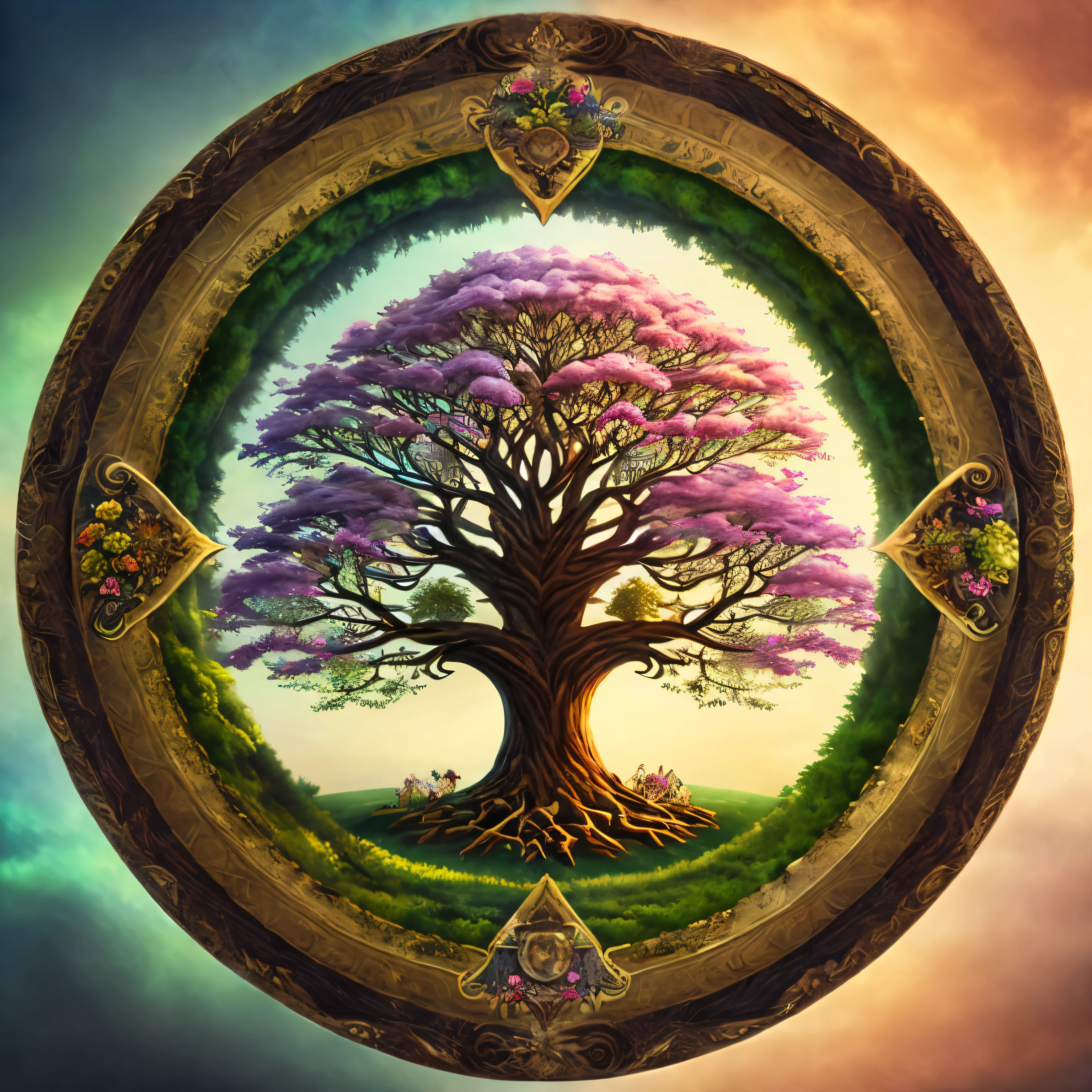 fantasy world , Yggdrasill tree in the center in the middle of a circle divided into two cycles , arte conceptual del equinoccio , ritual del equinoccio de primavera , magical scene , design centered on isolated background