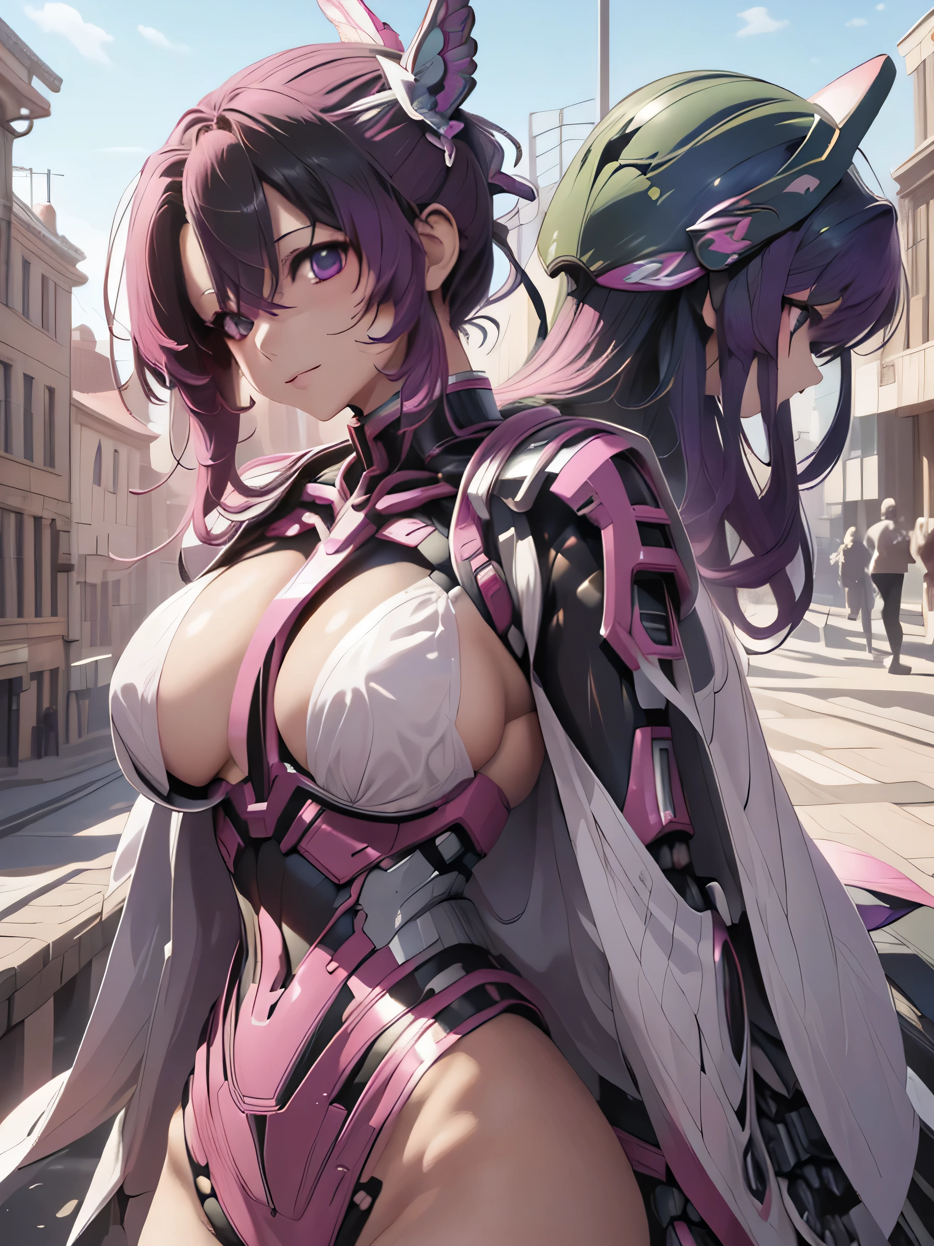 (top-quality、masterpiece、Ultra-detailed、8K)、1girl in、((Hu Dieren))、Full body、Mechanical body、modified body、cyborgs、cyberpunked、katanas、long、hair adornments、Daytime、Urban area、