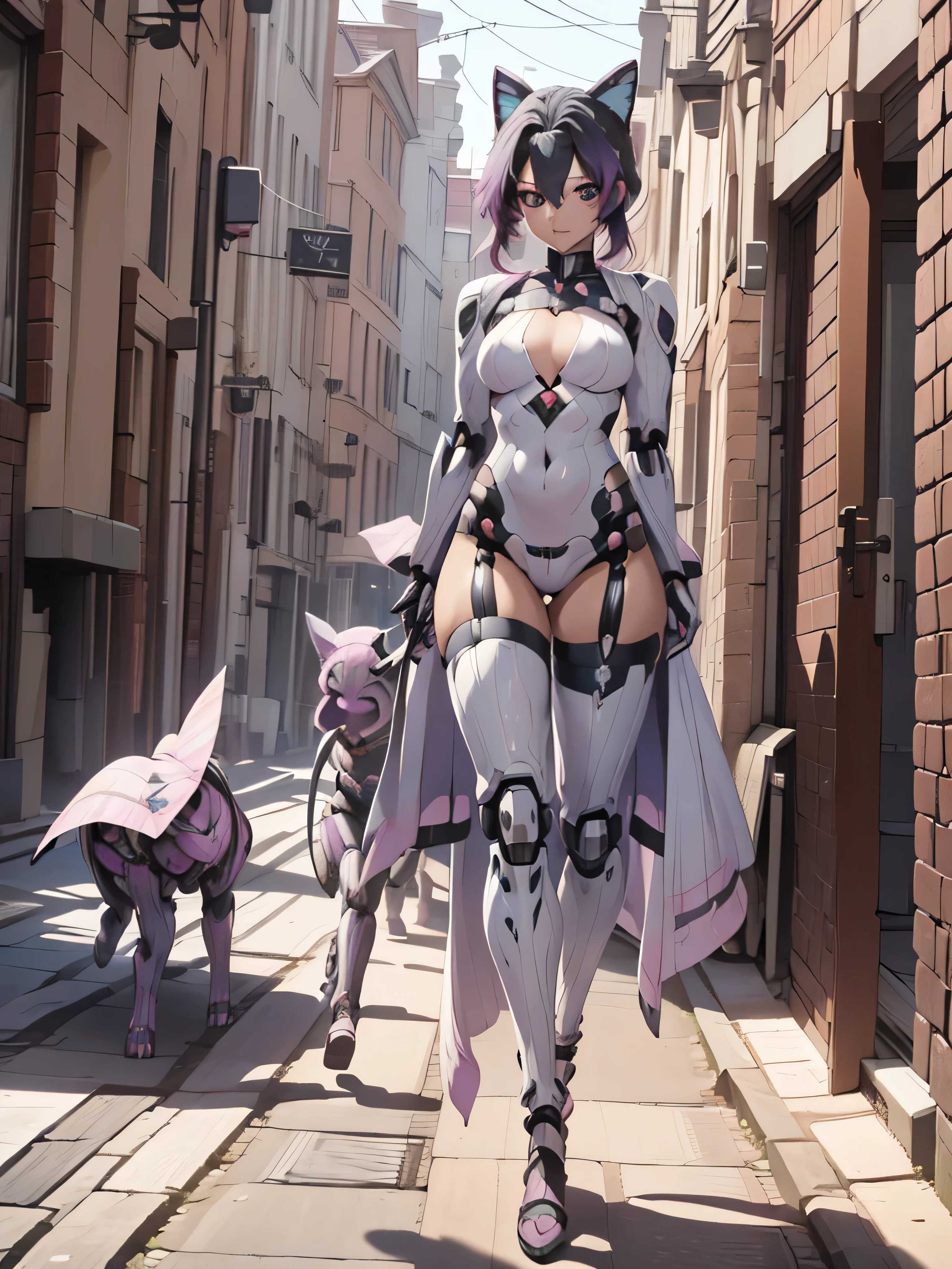 (top-quality、masterpiece、Ultra-detailed、8K)、1girl in、((Hu Dieren))、Full body、Mechanical body、modified body、cyborgs、cyberpunked、katanas、long、hair adornments、Daytime、Urban area、