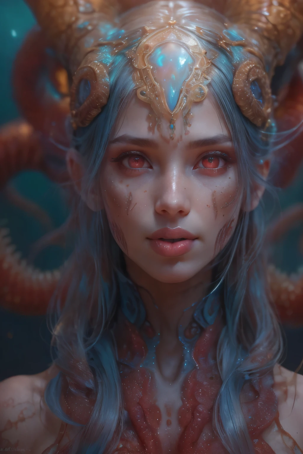 Portrait, (1 beautiful female alien:1.2), (There is a female genital-like organ in the middle of the forehead:1.8), (The most beautiful face in the history of the universe:1.2), (Scarlet eyes that shine mysteriously:1.6), (Translucent skin:1.8), an evil gaze that seduces, (red eyes:1.5), (large mouth:1.1), sharp teeth like a shark, Full body like, (bio luminescent:1.2), (Smile wickedly:1.3), (sexypose:1.5), alien, No humans, cells are fused, (Lots of translucent tentacles:1.1) (Translucent skin:1.3), extraterrestrial, cell, bio image, Best Quality, 8K,4K_quality, High Definition, Dramatic Lighting, masutepiece:1.5,cinematic quality, detail up, (Intricate details:1.2), High resolution, High Definition, drawing faithfully, (Thick eyebrows:1.2), Beautiful eyes with fine symmetry, (Ultra detailed eyes:1.2),(Highly detailed face and eyes:1.2), (High-resolution red-eye:1.4), Intimate face, (Super detailed skin quality feeling:1.4), Perfect Anatomy, (Beautiful toned body:1.5), (Moist skin:1.2), No makeup, (dark circles:1.1), long canines, cinematic drawing of characters, ultra high quality model, cinematic quality, detail up, (Intricate details:1.2), High resolution, High Definition, drawing faithfully, Official art, Unity 8K wall , 8K Portrait, Best Quality, Very High resolution, ultra detailed artistic photography, midnight aura, unreal enginee 5, Ultra Sharp Focus, art by alberto seveso, ArtGerm, Roisch, intricate artwork, best quality, masutepiece, ultra High resolution, (photos realistic:1.4), Ultra-realistic realism, dream-like, nautilus, Creation of fantasy, Snail, Dream Snail, (biopunk nautilus:1.3), Thrilling color schemes, Ultra-realistic realism, seductively smiling, Blue tentacles