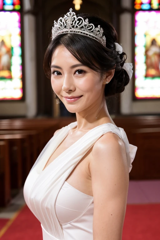 Best Quality, hight resolution, Hires, Skin definition, Detailed skin, Detailed eyes, Detailed face, 4K, 日本人A MILF, ((独奏)), (((50 years old))), (Wrinkles at the corners of the eyes:1.5), (nasolabial folds:1.5), A MILF, glamor, A sexy, Chromo-white skin, ((Straight Long Hair)), Looking at Viewer,(((Aging skin:1.3))), ((loose muscles:1.4)), (((A slender))), (((Very large breasts:1.20))), ((Saggy udder)), (Saggy buttocks), ((Japanese Models)), 4K, (photoRealistic:1.5), Realistic, nffsw, Beautiful, Bimbo, Perfect makeup, {(((weddingdress))), (((veils))), (((shining tiara))}}, ssmile, on the red carpet in the church, Full body photo,