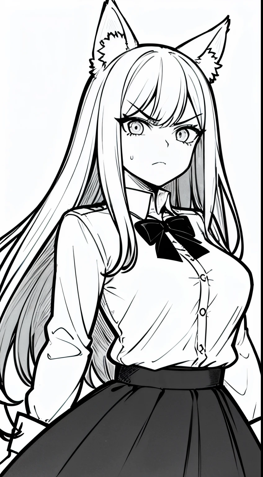 1girl ,20s,angry face,white shirt,black tie,black skirt,medium tits,gray hair,long hair,fox ears,cowboy shot,standing,(white background, monochrome, line drawing,)