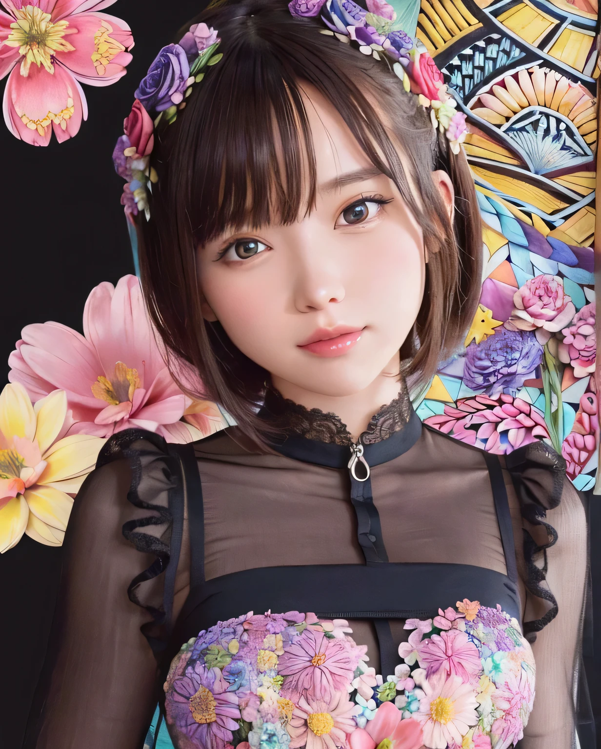 (ultra-detailed background, detailed background), absurdres, highres, ultra detailed, extremly detailed, 1girl, (bunch of flowers:1.3), (zentangle:1.2), (geometric:1.2),(colorful),