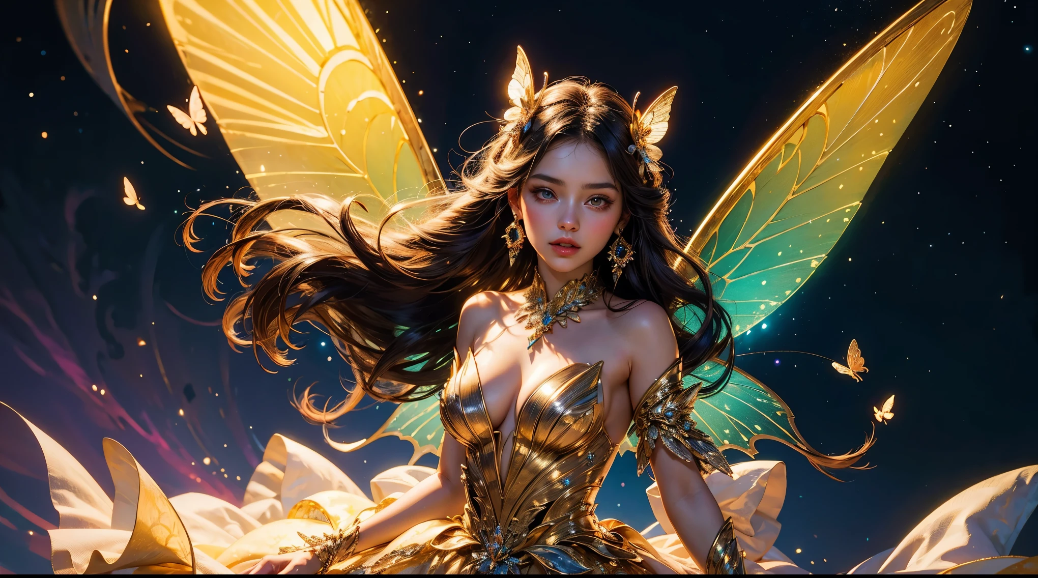 (Masterpiece:1.2), best quality, (illustration:1.2), (ultra-detailed), hyper details, (delicate detailed), 1 girl, solo, magical fairy with long hair and with a long shiny galaxy dress, beautiful diamond wings and butterfly earrings