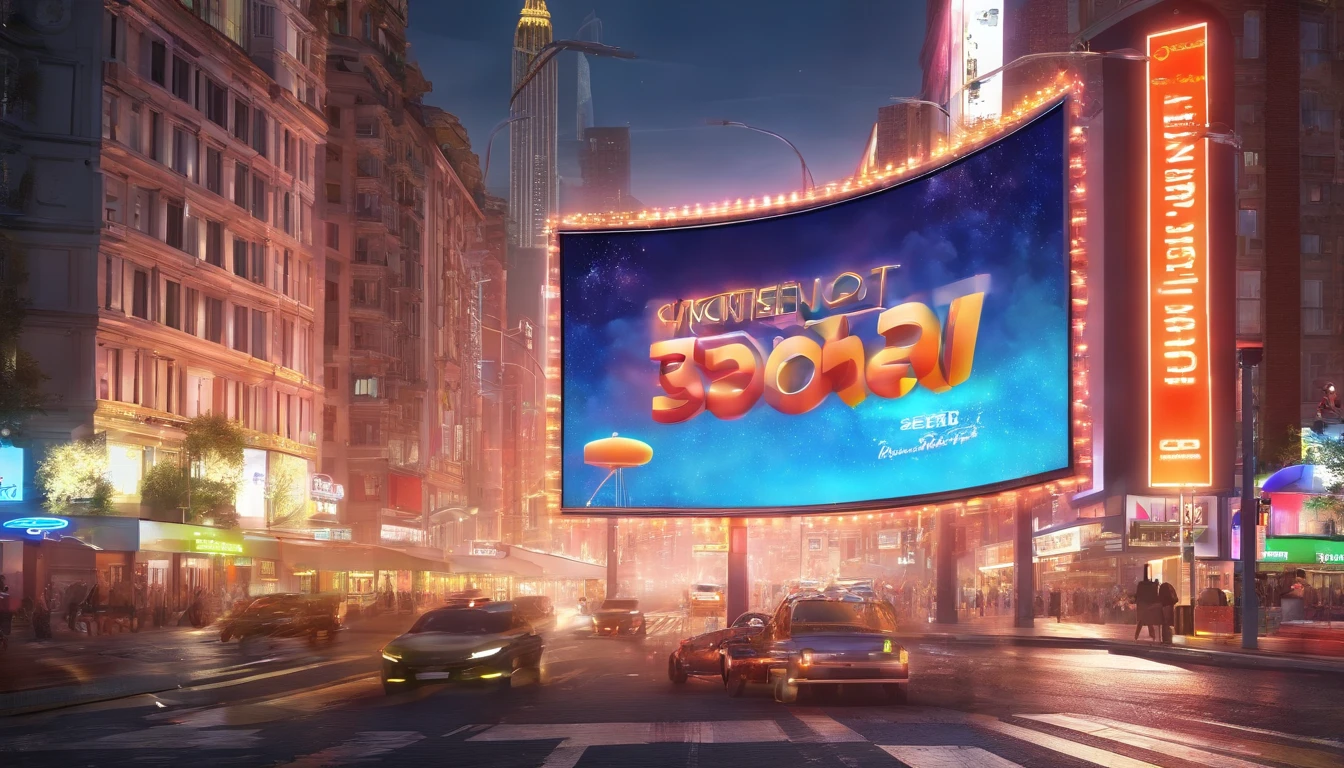 a dynamic shot of a blank billboard mockup in a bustling cityscape, with vibrant lights and busy streets, symbolizing the advertising and marketing opportunities