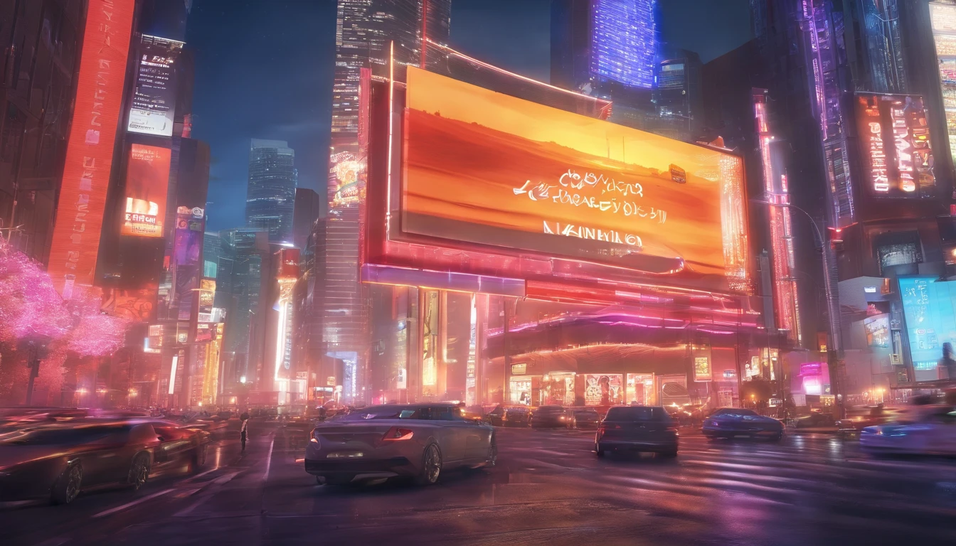 a dynamic shot of a blank billboard mockup in a bustling cityscape, with vibrant lights and busy streets, symbolizing the advertising and marketing opportunities
