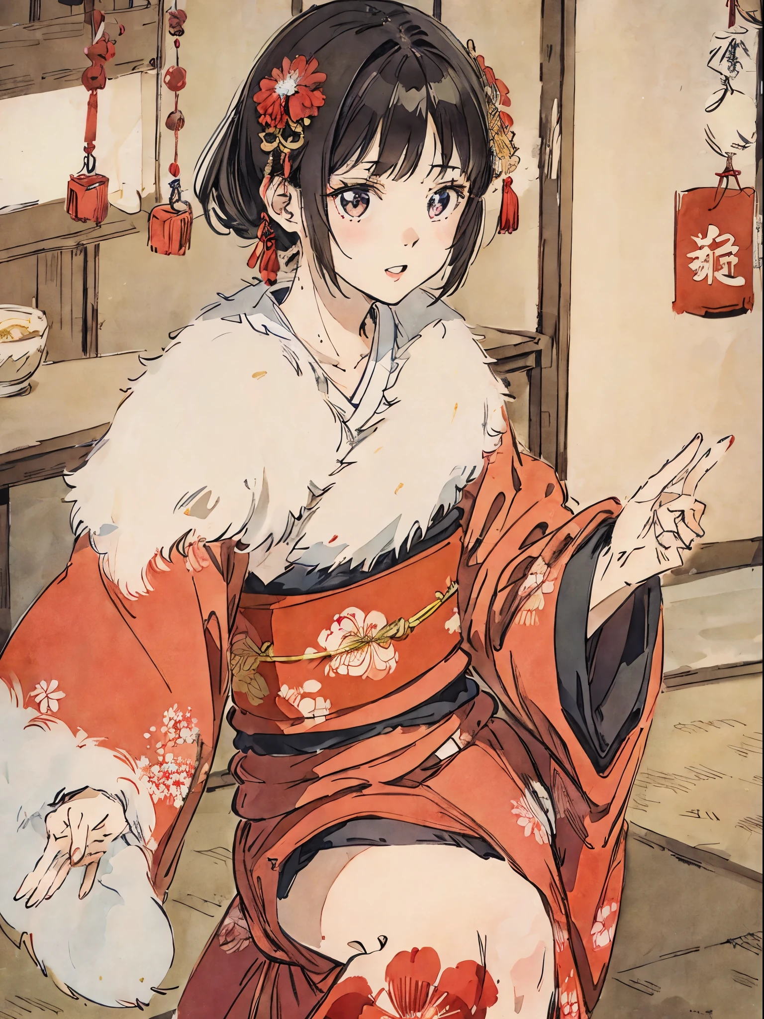 kimono、A dark-haired、Okappa、moderno、Japanese style、New Year’s Day、New Year