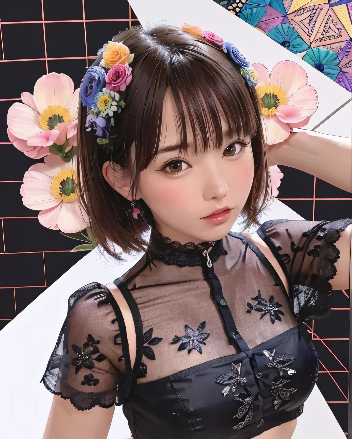 (ultra-detailed background, detailed background), absurdres, highres, ultra detailed, extremly detailed, 1girl, (bunch of flowers:1.3), (zentangle:1.2), (geometric:1.2),(colorful),