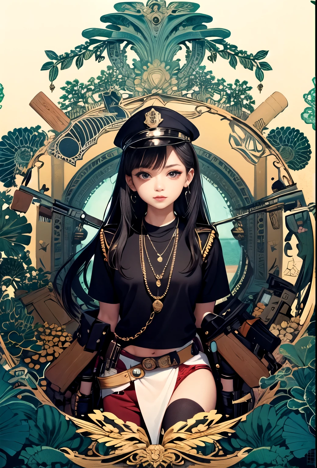 ))), (((ultra detailed))), (((masterpiece))), illustration,(Magazine cover-style illustration of a fashionable woman in a vibrant outfit), posing in front of a colorful and dynamic background. She has a confident expression and is holding a statement accessory, The text on the cover should be bold and attention-grabbing, with the title of the magazine and a catchy headline. The overall style should be modern and trendy, with a focus on fashion and lifestyle),
1girl,solo,looking at viewer, glossy skin, contrapposto, navel, midriff, necklace, female focus,model,medium breasts, ,street,in public,police hat, police uniform, handcuffs,short shorts, arms crossed,
cool, see-through, school uniform,jitome,
,underboob,floating hair, sexy ,fine fabric emphasis, dynamic pose, negative space:0.35, realistic:1.33,