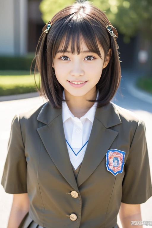 (((masterpiece))), 縞模様のkawaiiパンティーを手に持っている,(One beautiful Japan girl, classmates, landscape and innocence,kawaii) ,超A high resolution, Realistic, ultra-detailliert, 8K,top-quality, Extremely detailed, Detailed background,A slender,very beautiful japanese girl, Detailed face:1.3), (Boyish short-haired,A dark-haired :1.4), (a baby face,kawaii系,adorable 14 year old girl), (Perfect body:1.1), (Brown blazer, Light brown pleated mini skirt), Provocative smile,Show your beautiful teeth,rosy cheeks,Super Detailed Face、Detailed lips、A detailed eye、small gravure idol,Transparent skin、Lori,Japanese high school uniform with the school emblem on the chest,