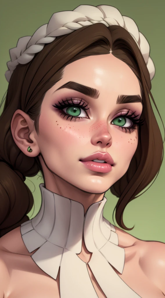Cara de mujer, piel blanca rosada con pecas, ojos grandes y rasgados color verde, lined eyes and makeup eyelids, small-nose, labios gruesos color rojo, mejillas delgadas con hoyos, large cheekbones, defined chin with chin dimple, cabello corto color negro
