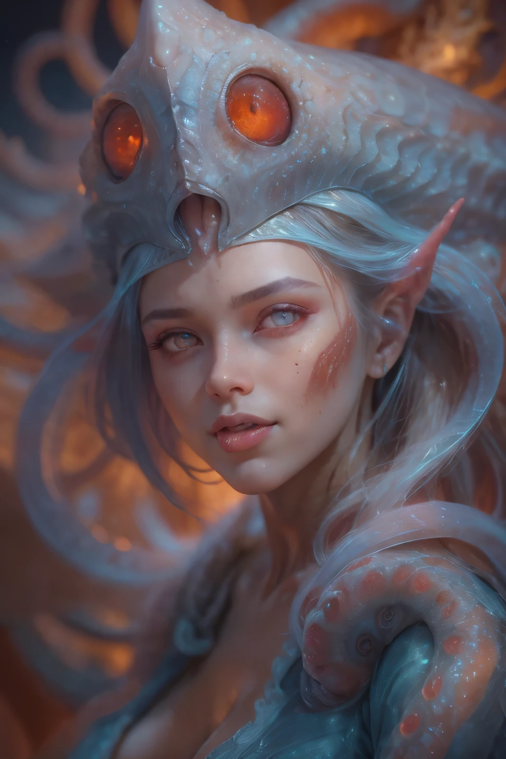 Portrait, (beautiful female alien:1.2), (There is a female genital-like organ in the middle of the forehead:1.8), (The most beautiful face in the history of the universe:1.2), (scarlet eyes:1.6), (Translucent skin:1.8), an evil gaze that seduces, (red eyes:1.5), (licking lips with tongue:1.6), Full body like, (bio luminescent:1.2), (Smile wickedly:1.3), (sexypose:1.5), alien, No humans, cells are fused, (Lots of translucent tentacles:1.1) (Translucent skin:1.3), extraterrestrial, cell, bio image, Best Quality, 8K,4K_quality, High Definition, Dramatic Lighting, masutepiece:1.5,cinematic quality, detail up, (Intricate details:1.2), High resolution, High Definition, drawing faithfully, (Thick eyebrows:1.2), Beautiful eyes with fine symmetry, (Ultra detailed eyes:1.2),(Highly detailed face and eyes:1.2), (High-resolution red-eye:1.4), Intimate face, (Super detailed skin quality feeling:1.4), Perfect Anatomy, (Beautiful toned body:1.5), (Moist skin:1.2), No makeup, (dark circles:1.1), long canines, cinematic drawing of characters, ultra high quality model, cinematic quality, detail up, (Intricate details:1.2), High resolution, High Definition, drawing faithfully, Official art, Unity 8K wall , 8K Portrait, Best Quality, Very High resolution, ultra detailed artistic photography, midnight aura, unreal engine 5, Ultra Sharp Focus, art by alberto seveso, ArtGerm, Roisch, intricate artwork, best quality, masterpiece, ultra High resolution, (photos realistic:1.4), Ultra-realistic realism, dream-like, nautilus, Creation of fantasy, Snail, Dream Snail, biopunk nautilus, Thrilling color schemes, Ultra-realistic realism, seductively smiling, Blue tentacles