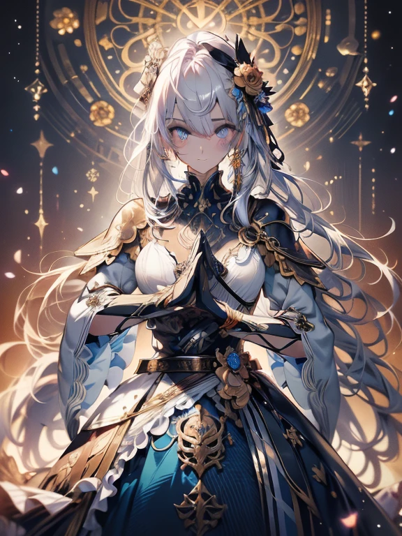 Official art, ヨーロッパのmasterpiece女性,, pale silver hair , azure eyes, (masterpiece、top-quality、hight resolution: 1.4),in 8K, Anime Art Nouveau, highly detailed exquisite fanart, anime fantasy illustration, clean detailed anime art, detailed anime art, sharp focus of a person, Delicate Beautiful Hair and Eyes and Face, realisitic, ultra-detailliert, Flower Garden,((Delicate, delicate and cute hands)),((elegant shiny dress)),((Lots of races)),((lots of ruffles)),((lots of ribbons))