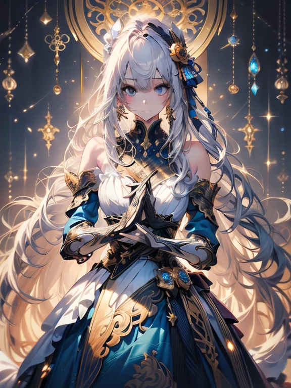 Official art, ヨーロッパのmasterpiece女性,, pale silver hair , azure eyes, (masterpiece、top-quality、hight resolution: 1.4),in 8K, Anime Art Nouveau, highly detailed exquisite fanart, anime fantasy illustration, clean detailed anime art, detailed anime art, sharp focus of a person, Delicate Beautiful Hair and Eyes and Face, realisitic, ultra-detailliert, Flower Garden,((Delicate, delicate and cute hands)),((elegant shiny dress)),((Lots of races)),((lots of ruffles)),((lots of ribbons))
