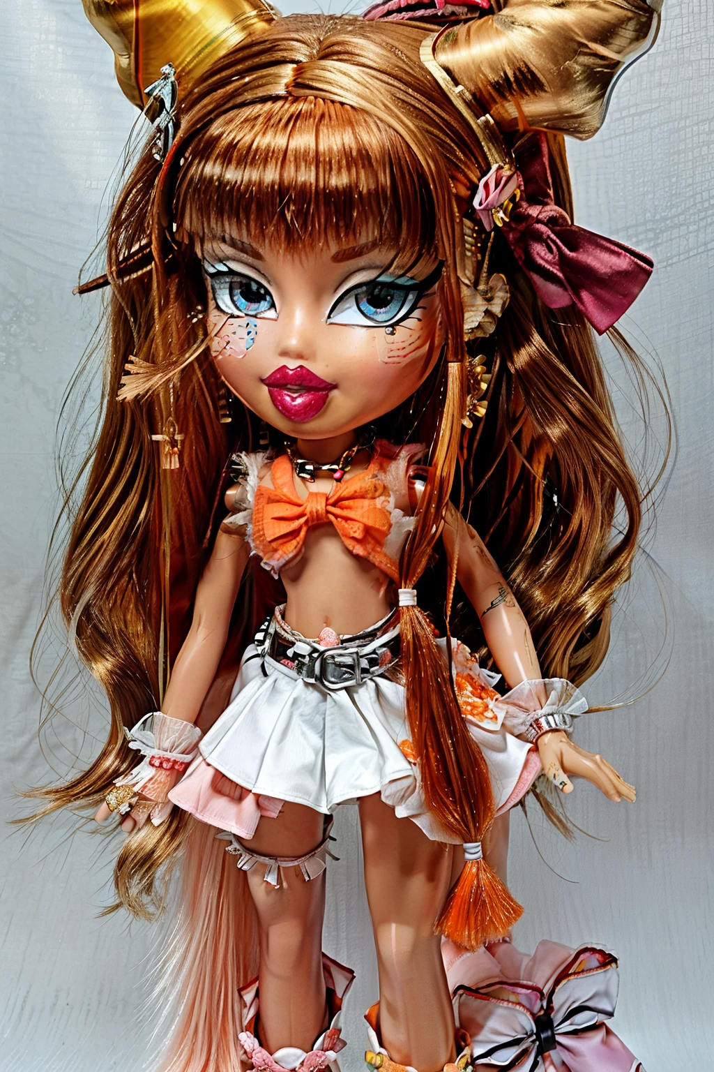 Bratz girl with detailed eyes and big lips and orange curly rococo hair, wearing versace colorful flowers dress , full body , plastic skin , doll joints , ,(masterpiece, top quality, best quality, beautiful and aesthetic:1.2), ibuki_suika_touhou, doll, revealing clothes, big head, 1girl, solo, breasts, curvy, wide hips, narrow waist, joints, doll joints, cleavage, bursting breasts, huge breasts, lips, 1girl, horns, bow, long_hair, hair_bow, ribbon, horn_ornament, sleeveless, horn_ribbon, smile, orange_hair, red_bow, chain, wrist_cuffs, bangs, open_mouth, very_long_hair, full body, midriff, high heels, thighhighs