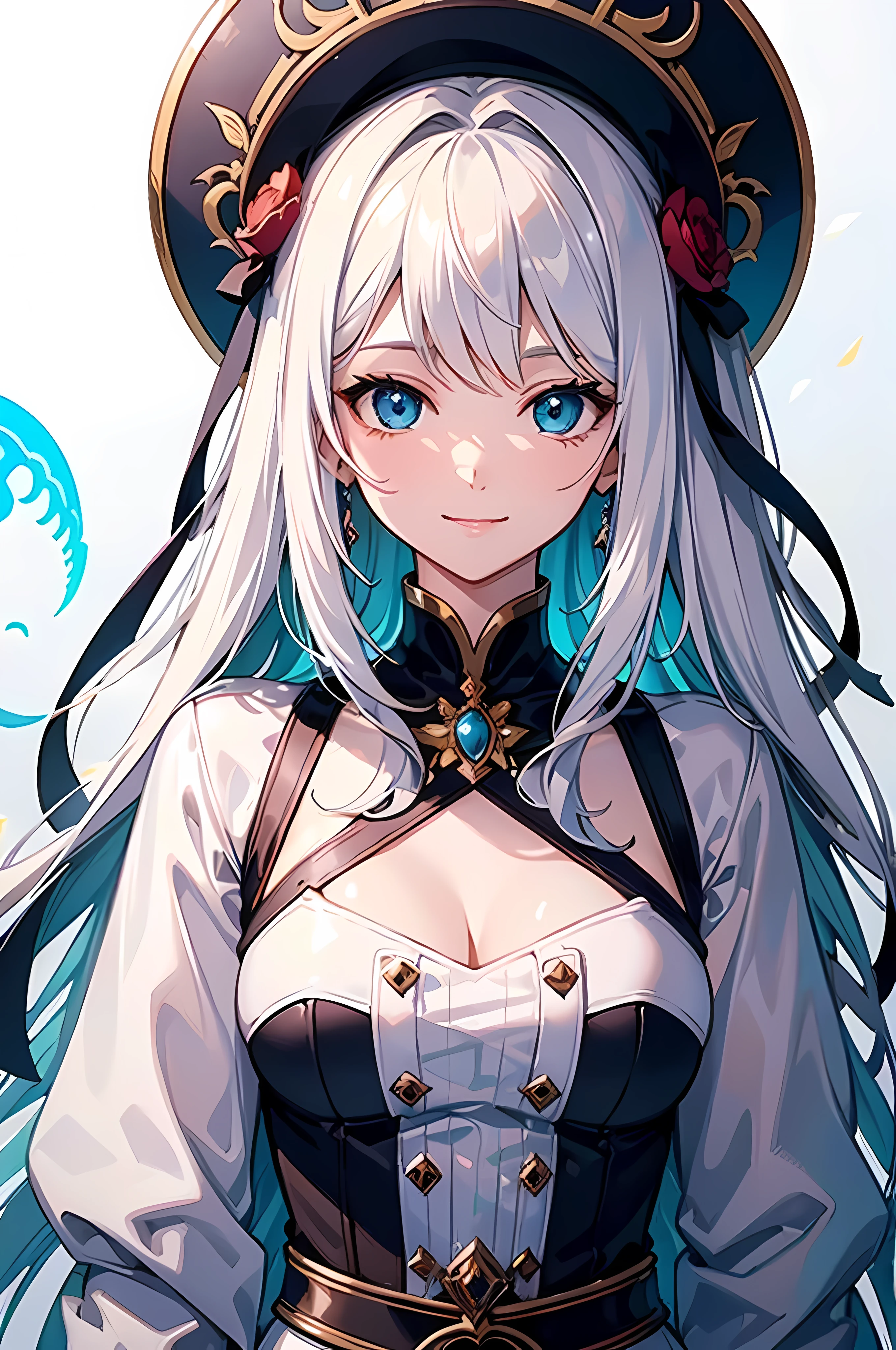 (Masterpiece, Elaborate Beautiful Eyes: 1.2), (Light Blue Hair: 1.2), (Zephyr's Eye Color: 1.1), Long Hair, Straight Hair, (Black Tank Top: 1.2), Realistic Lighting, Beautiful Lighting, Ray Tracing, Photorealistic, (Hyperrealistic: 1.2), High Resolution, 4K, 8K, (Highly Detailed CG, 8K Wallpaper: 1.1), Very elaborate and sharp digital illustrations, detail, realism, beautiful faces, very elaborate faces, ultra-realistic, masterpieces, detailed eyes, super detail, volume lighting, realistic shadows, intricate details, details, cheerful, smile, (white hat: 1.2)), silver necklace, high heels, (On the Beach: 1.2),