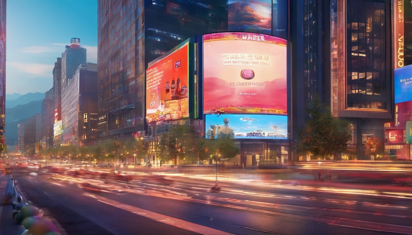 a dynamic shot of a blank billboard mockup in a bustling cityscape, with vibrant lights and busy streets, symbolizing the advertising and marketing opportunities