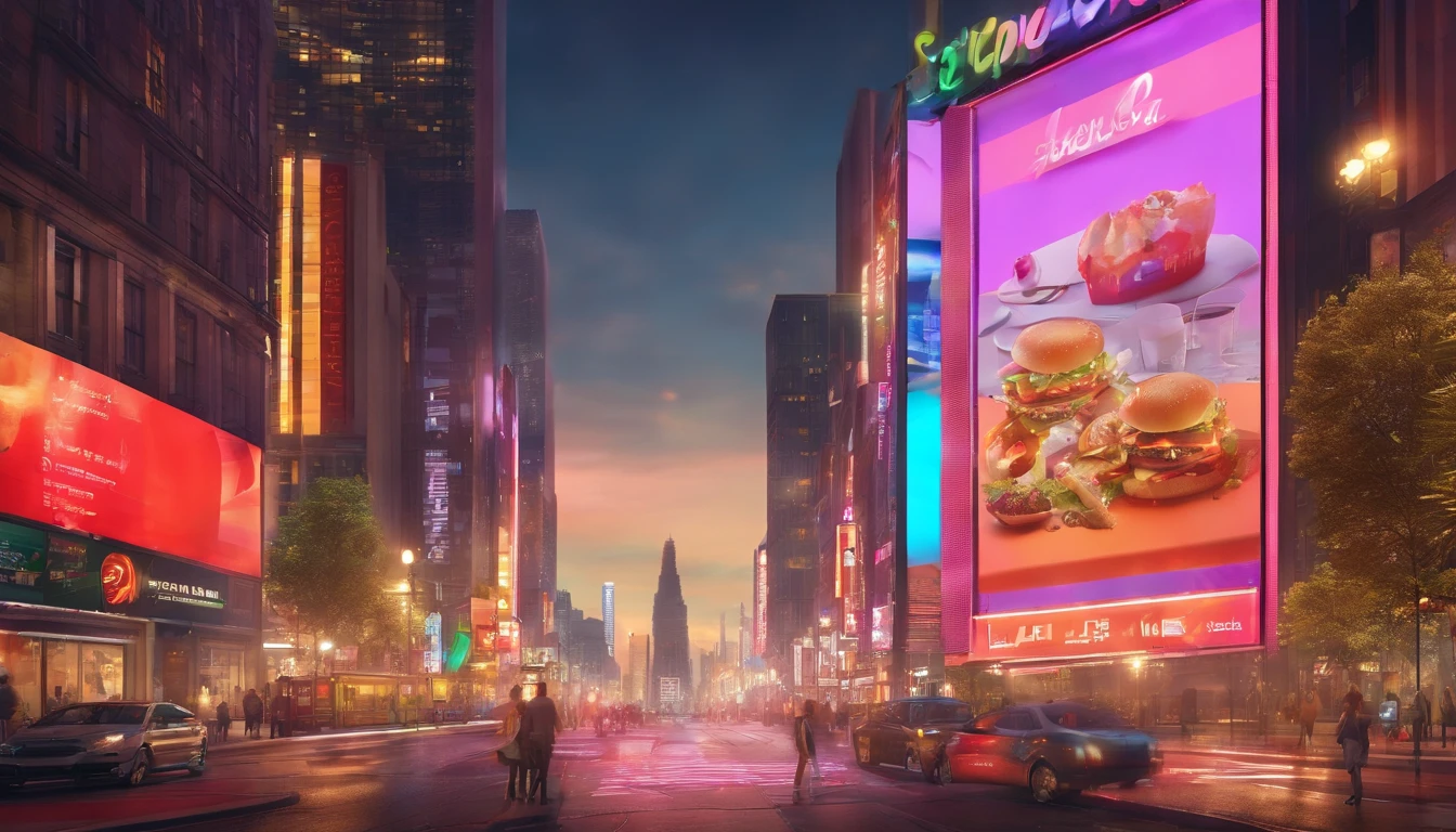 a dynamic shot of a blank billboard mockup in a bustling cityscape, with vibrant lights and busy streets, symbolizing the advertising and marketing opportunities