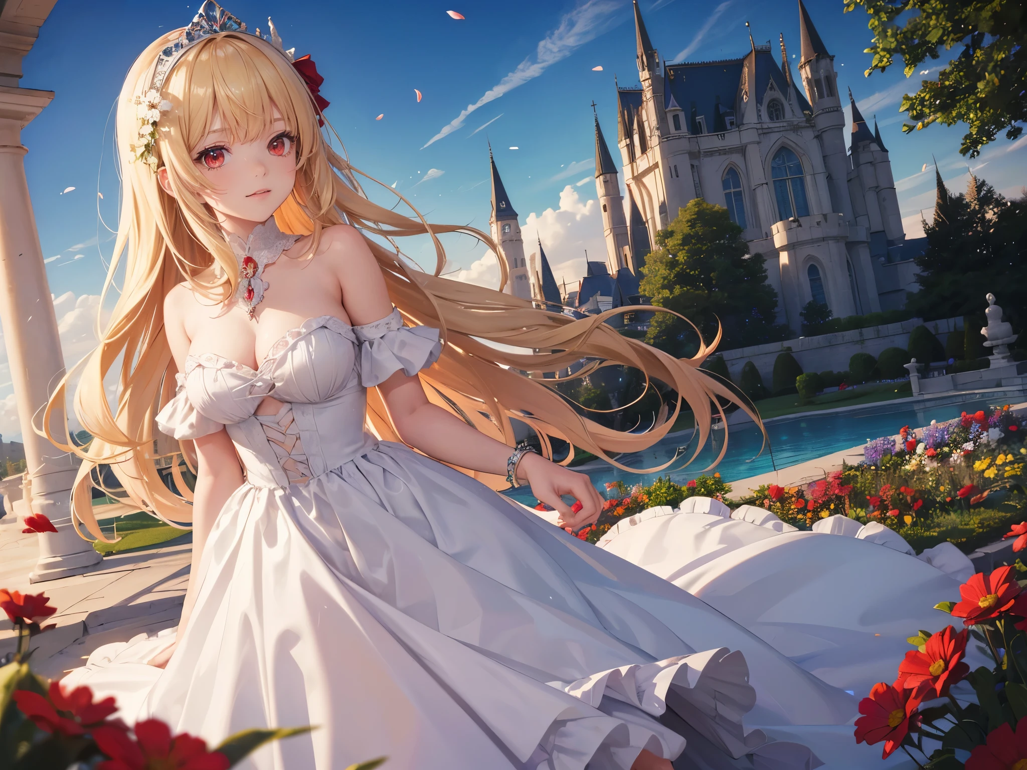 (Masterpiece, Best Quality, High Quality, Highres:1.4), Detailed, girl, solo, long hair, blonde hair, highly detailed hair and eyes, (red eyes:1.5), looking at viewer, cowboy shot, Princess dress, nice hands, perfect hands, light particles, outside the castle within the garden area full of flowers