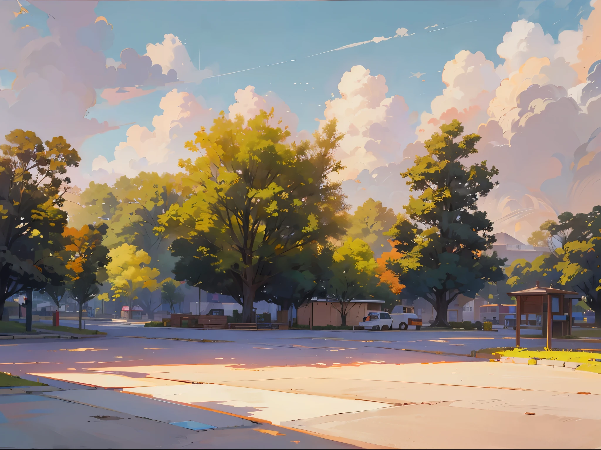 park, (square concrete ground), green, trees, small shop buildings, bule sky, day time