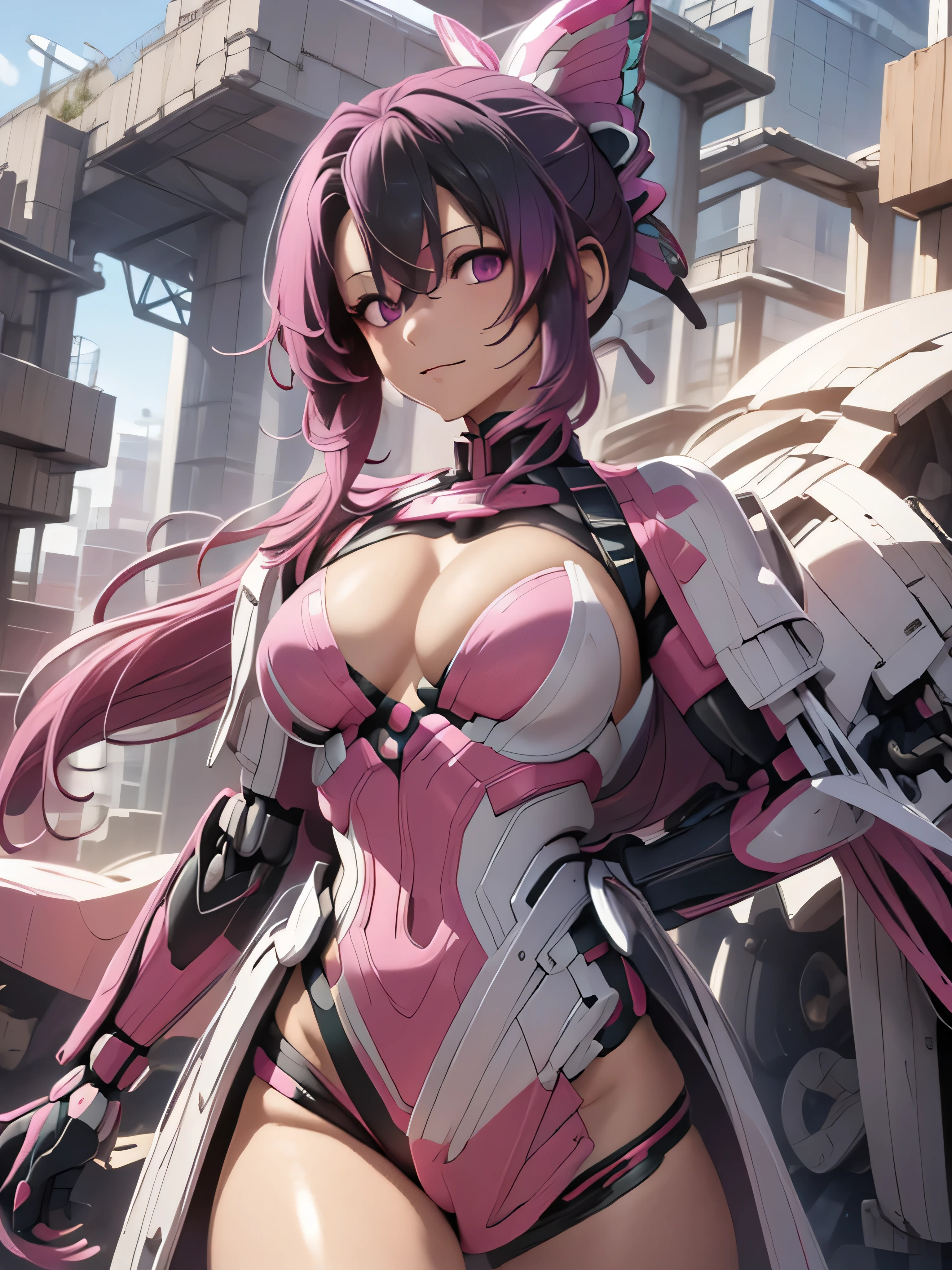 (top-quality、​masterpiece、Ultra-detailed、8K)、1girl in、((Hu Dieren))、Full body、mechs、metalic、Hakama、haori、Metal armor、highleg、a navel、cleavage of the breast、pin heels、nffsw、katanas、hair adornments、deep in the night、On the roof of a building