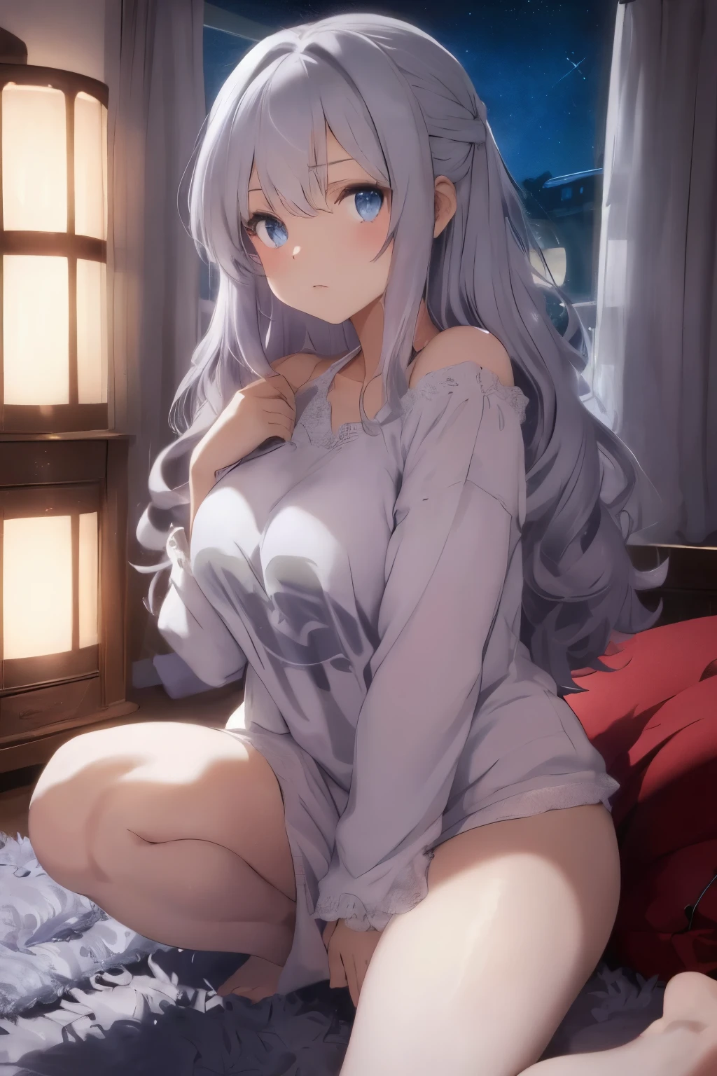 (silber hair:1.5),(Fluffy hair with curls:1.2),(blue eyes:1.3),(With bangs),Slight red tide,(Fluffy and luxurious loungewear:1.45),(A room at night with moonlight shining in:1.6),(Your eyes are shining like stars:1.5),(A man's room living alone:1.45),(simple men's room),(Fluffy carpet:1.35),(Limb restraint:1.4),(Eye size:1.7),(drooing eyes:1.65),(close up of face:1.2),(Side view:1.4),