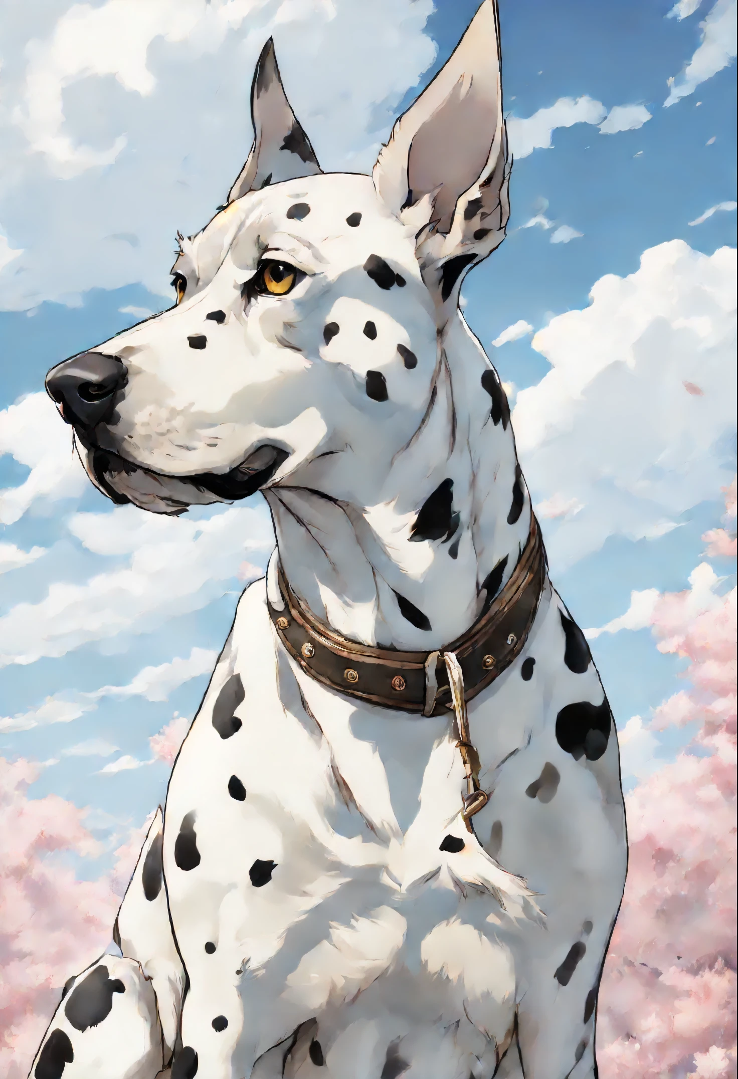 close-up of a dog of the German DRG breed of merle color (white with black spots) , A Great Dane dog walks on the clouds, fluffy clouds, shaggy clouds, casimir art, illustration of shigenori soejima, boris valejo. Smiling Great Dane dog, detailed anime character drawing, подробный anime key figure, Granblue Fantasy, Beautiful owl in demon slayer art, Taisho Roman, Clear RPG portrait, Masamune Shiro, anime key figure