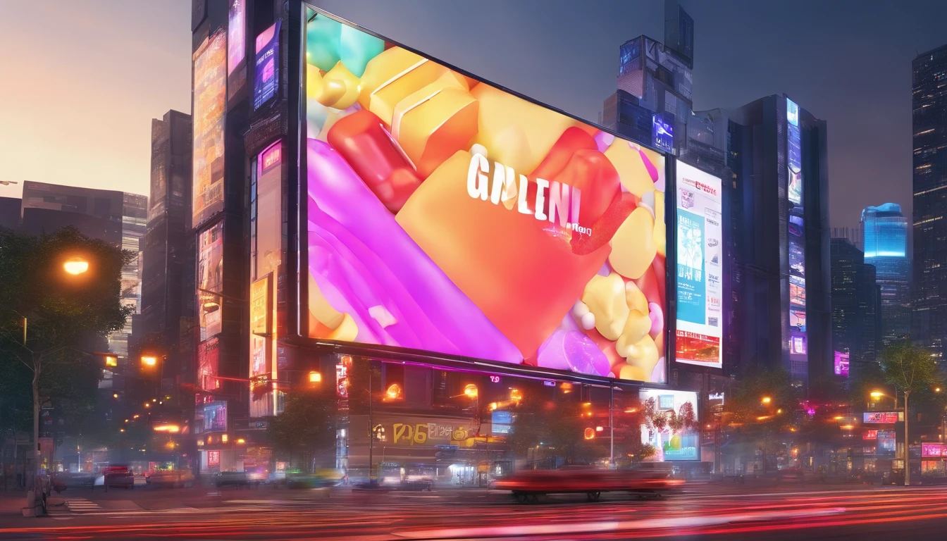 a dynamic shot of a blank billboard mockup in a bustling cityscape, with vibrant lights and busy streets, symbolizing the advertising and marketing opportunities