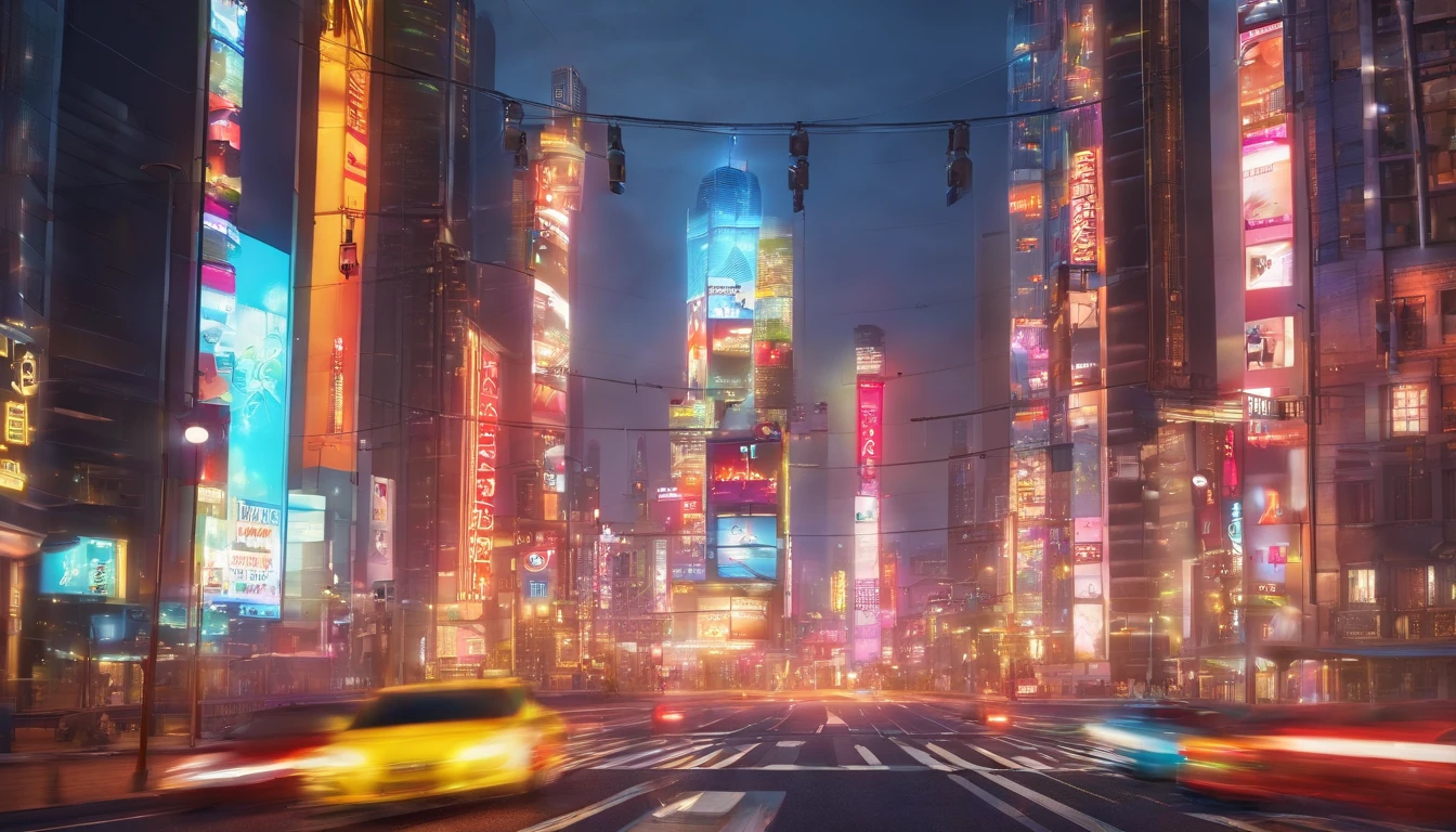 a dynamic shot of a blank billboard mockup in a bustling cityscape, with vibrant lights and busy streets, symbolizing the advertising and marketing opportunities