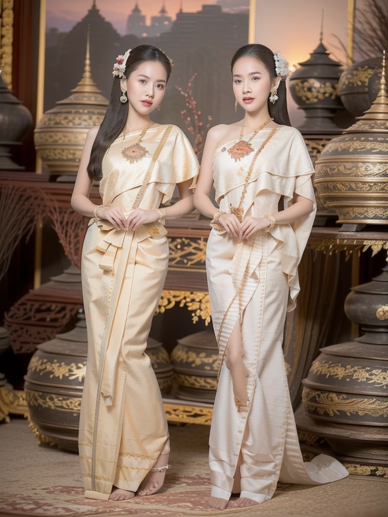 (2 Beautiful Girls), Super detailed faces, (slightly open mouth, sexy look:1.1), (beautiful big breasts:1.3), (slender body:1.2), ((Traditional Thai costume:1.4, Ancient Burmese dress), Bare shoulders as chest), side breasts, pubic-hair, accessories, earrings, conceptual art, High Quality, Realistic, extremely detailed CG unified 8k wallpaper, ighly Details, High-resolution raw color photos, Photograpy Professional, Realistic portrait, cinematic light, beautiful details, high-detail))), deep depth of field, brightness, ((beautiful sunset, city, ในcity )), view from below