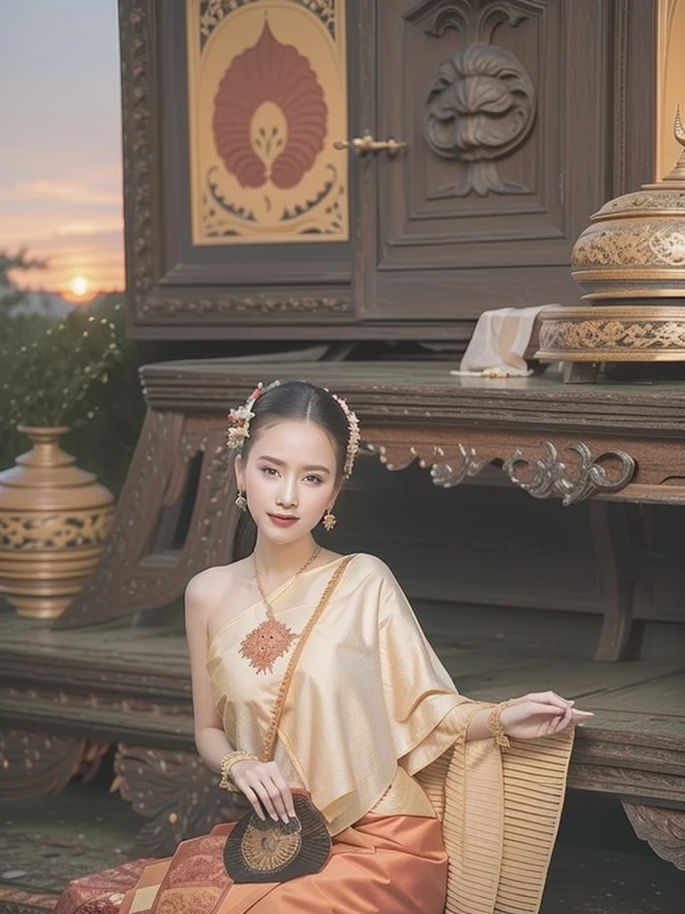 (2 Beautiful Girls), Super detailed faces, (slightly open mouth, sexy look:1.1), (beautiful big breasts:1.3), (slender body:1.2), ((Traditional Thai costume:1.4, Ancient Burmese dress), Bare shoulders as chest), side breasts, pubic-hair, accessories, earrings, conceptual art, High Quality, Realistic, extremely detailed CG unified 8k wallpaper, ighly Details, High-resolution raw color photos, Photograpy Professional, Realistic portrait, cinematic light, beautiful details, high-detail))), deep depth of field, brightness, ((beautiful sunset, city, ในcity )), view from below