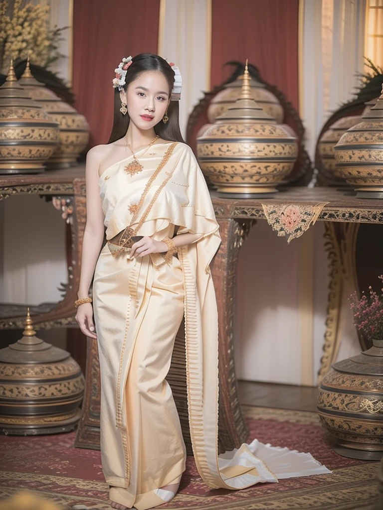 (2 Beautiful Girls), Super detailed faces, (slightly open mouth, sexy look:1.1), (beautiful big breasts:1.3), (slender body:1.2), ((Traditional Thai costume:1.4, Ancient Burmese dress), Bare shoulders as chest), side breasts, pubic-hair, accessories, earrings, conceptual art, High Quality, Realistic, extremely detailed CG unified 8k wallpaper, ighly Details, High-resolution raw color photos, Photograpy Professional, Realistic portrait, cinematic light, beautiful details, high-detail))), deep depth of field, brightness, ((beautiful sunset, city, ในcity )), view from below