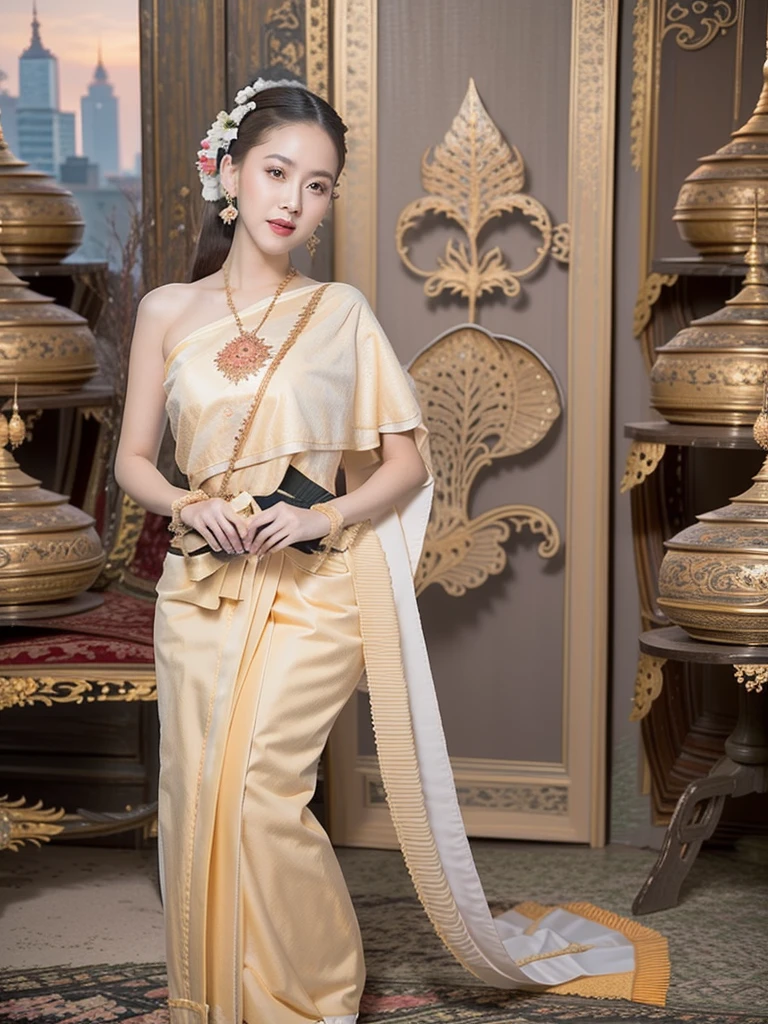 (2 Beautiful Girls), Super detailed faces, (slightly open mouth, sexy look:1.1), (beautiful big breasts:1.3), (slender body:1.2), ((Traditional Thai costume:1.4, Ancient Burmese dress), Bare shoulders as chest), side breasts, pubic-hair, accessories, earrings, conceptual art, High Quality, Realistic, extremely detailed CG unified 8k wallpaper, ighly Details, High-resolution raw color photos, Photograpy Professional, Realistic portrait, cinematic light, beautiful details, high-detail))), deep depth of field, brightness, ((beautiful sunset, city, ในcity )), view from below