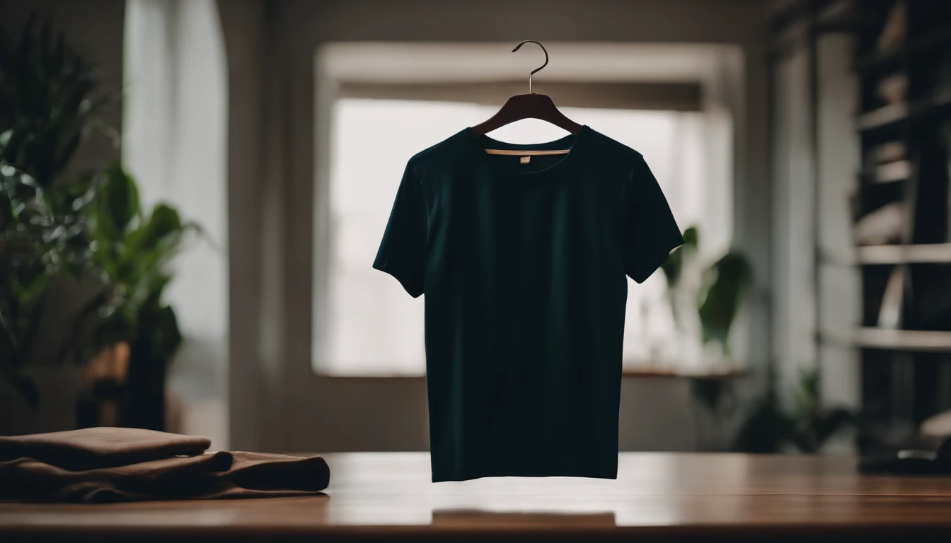 a lifestyle shot of a blank t-shirt mockup, with a hanger or folded neatly, placed against a stylish backdrop, emphasizing the versatility for personalization and branding