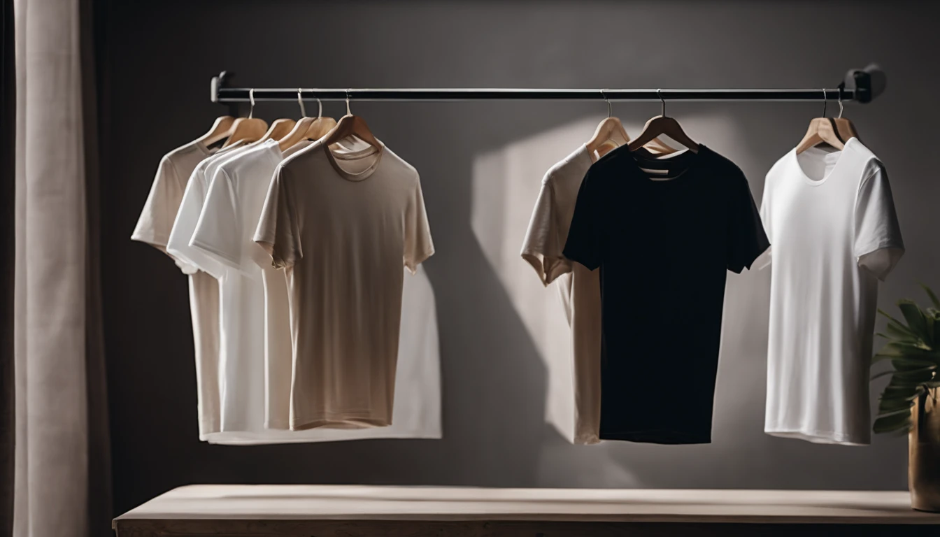 a lifestyle shot of a blank t-shirt mockup, with a hanger or folded neatly, placed against a stylish backdrop, emphasizing the versatility for personalization and branding