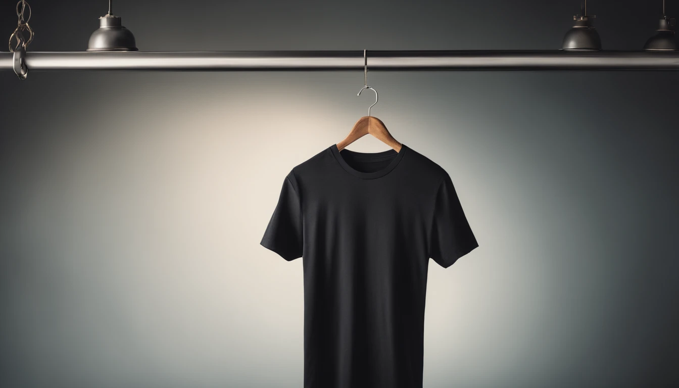 a lifestyle shot of a blank t-shirt mockup, with a hanger or folded neatly, placed against a stylish backdrop, emphasizing the versatility for personalization and branding