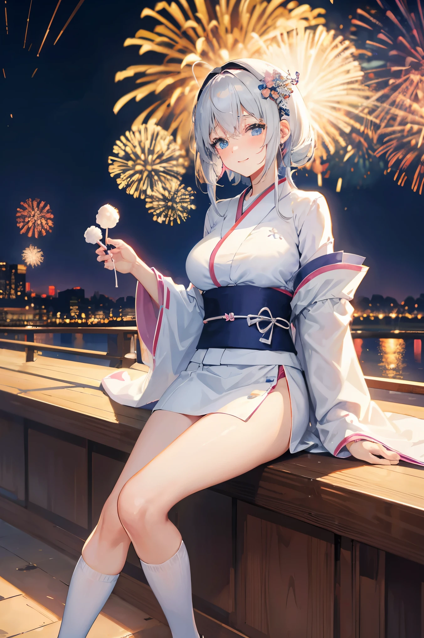 "anime girl, 1 person, silver white hair mixed with black, blue eyes, wearing headphones, women's kimono, same kimono, big breasts, holding cotton candy, long socks, standing cross-legged, shy smile, festival, New Year's Eve fireworks, watch fireworks, solo(full HD Image 4K+)"