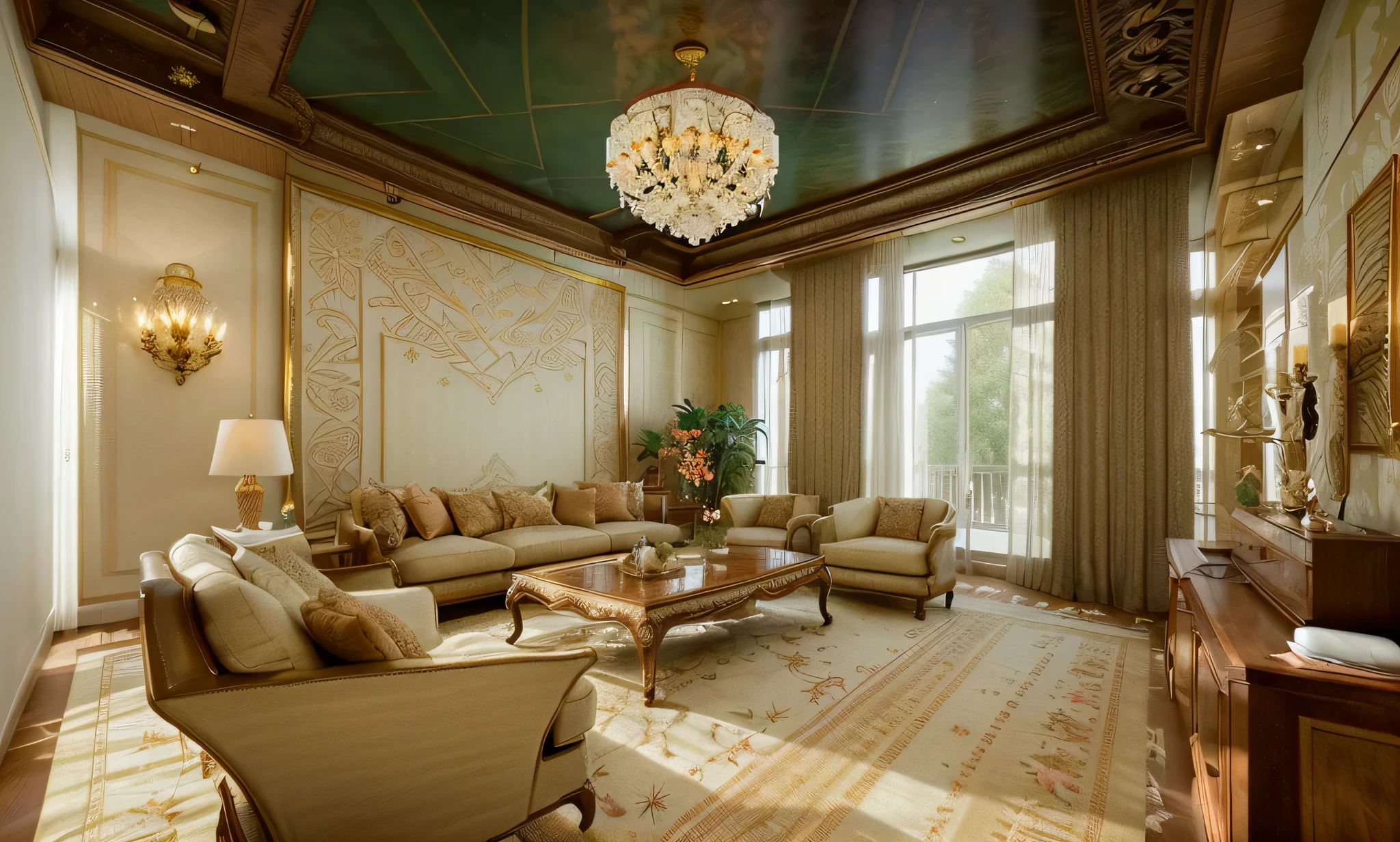 The ceiling is designed to be high and embellished with traditional details such as floral patterns, creating an elegant and charming atmosphere. The main wall often utilizes deep colors like red, dark green, or brown to accentuate the space. Classic paintings, fabric panels, or antique mirrors hung on the wall also add sophistication and refinement. The furniture comprises sofas and cushioned chairs crafted from premium materials and adorned with traditional floral patterns. A luxurious wooden coffee table with exquisite details or intricately carved floral motifs is chosen. Seating areas are creatively arranged to offer both comfort and functionality to the occupants. Natural light is embraced through large windows, creating a magnificent natural tableau within the room. Ornate chandeliers or decorative lights with a classic design, such as crystal pendant lamps or chandeliers, serve as focal points, enhancing the room's opulent beauty. Additionally, the use of decorative items like throw pillows, area rugs, or traditional patterned décor elements such as antique ceramics, handmade crafts further enriches the beauty and complexity of the living room space.