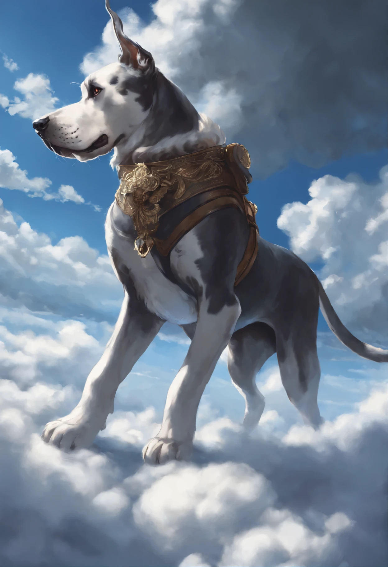 close-up of Great Dane dog walking on the clouds, fluffy clouds, shaggy clouds, casimir art, shigenori soejima illustration, boris valejo. Great Dane dog, detailed anime character art, detailed key anime art, Granblue Fantasy, scary Santa Claus in the art of the demon slayer, Taisho Roman, crisp clear rpg portrait, Masamune Shiro, key anime art